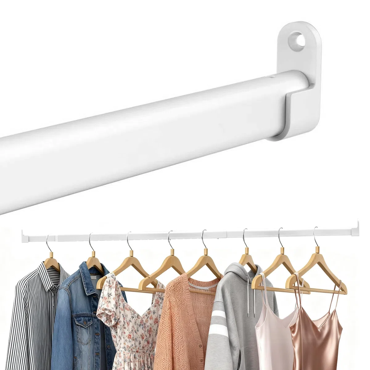 Asta appendiabiti per armadio, bianco, ovale, 25 mm, allungabile con 2 supporti, per armadio, finestra, 43-101 cm