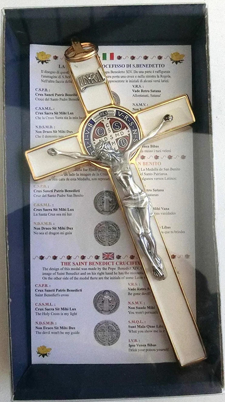 10.004.21 Bianco Croce Oro Bianco San Benedetto 20 CM Smaltato con Scatola Regalo Santo Benedetto Esorcismo Sacerdote Esorcismo Sacerdote Sorella Chiesa