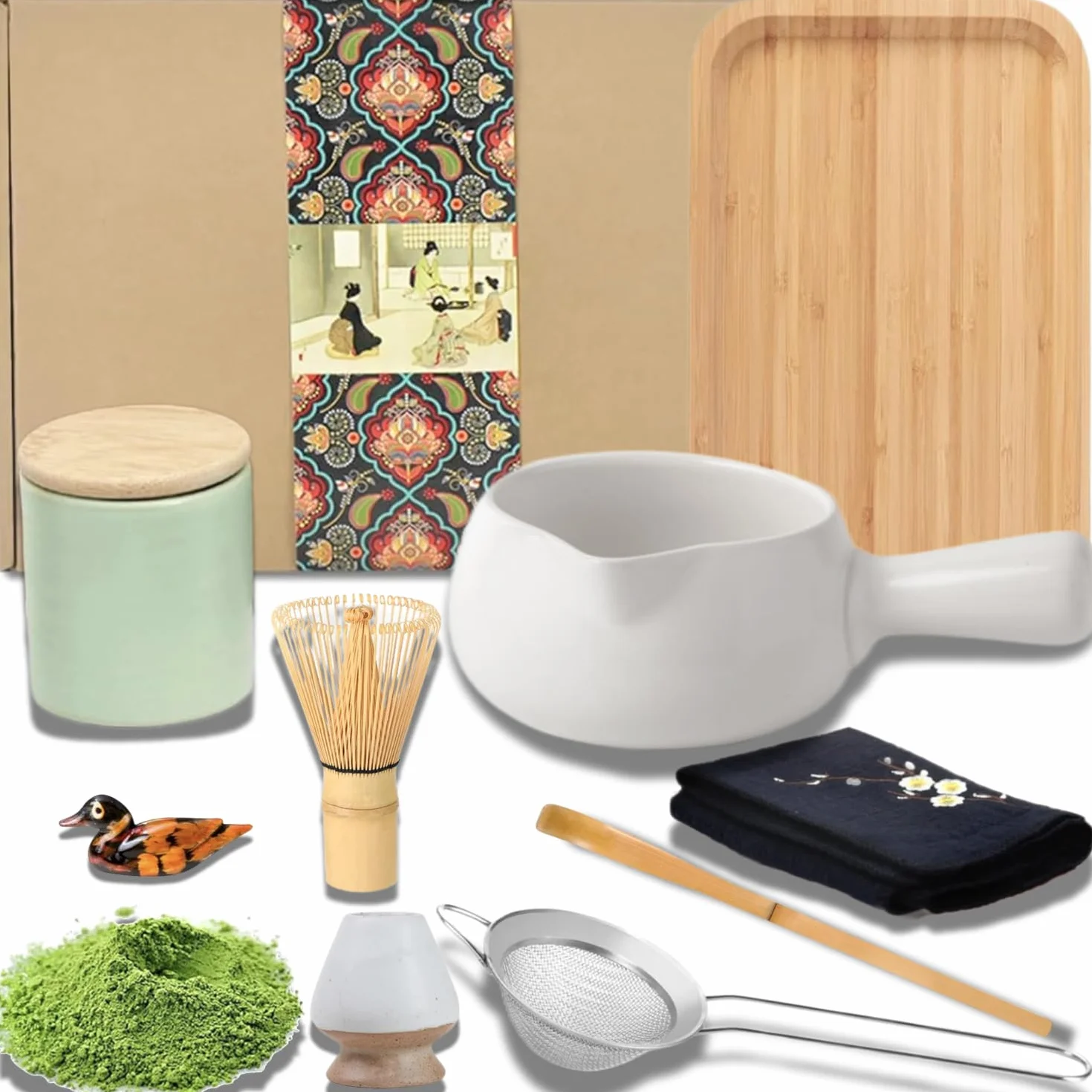 Set da tè matcha giapponese, ciotola con beccuccio versatore, vassoio da tè, frusta Matcha, supporto per frusta in ceramica, contenitore per polvere di matcha, kit fatto a mano per