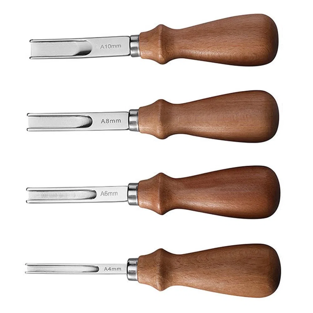 TopHomer Scarnitore Cuoio, Set di 4 Pezzi con Manici in Legno, Lame da 4mm,6mm,8mm,10 mm, Smussatore per Pelletteria, per Smussare e Tagliare, per Lavorazione Cuoio al Metro