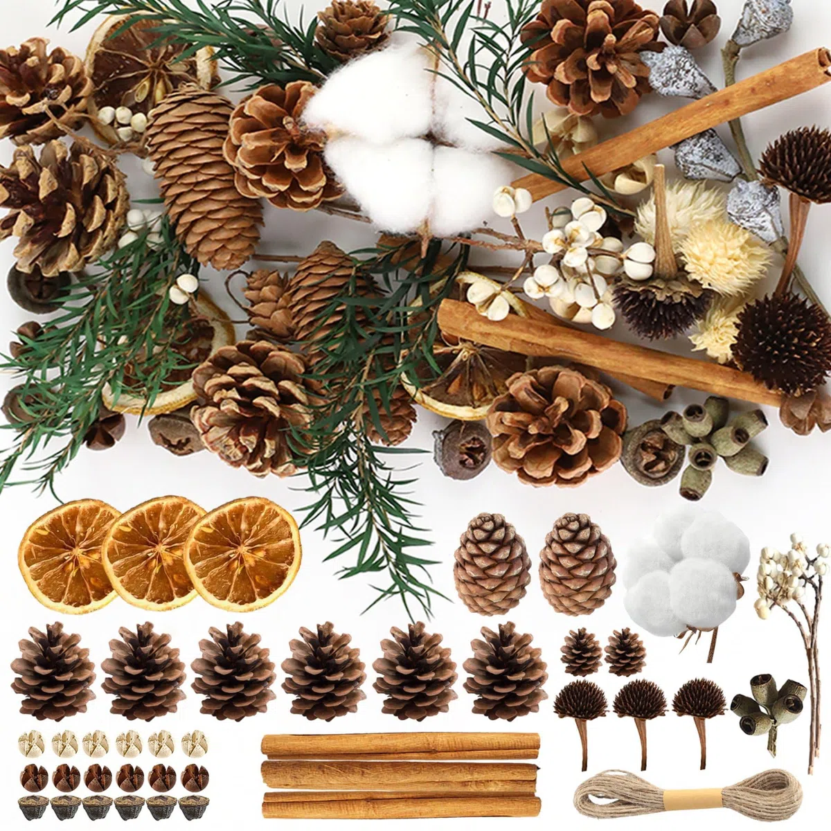 Prmape Decorazioni Corona Avvento, Potpourri Natalizio con Pigne Naturali Arance Essiccate Decorative, Cannella Stecche Decorative e 10M di Corda Per Natale Decorazione Ghirlanda Artigianato