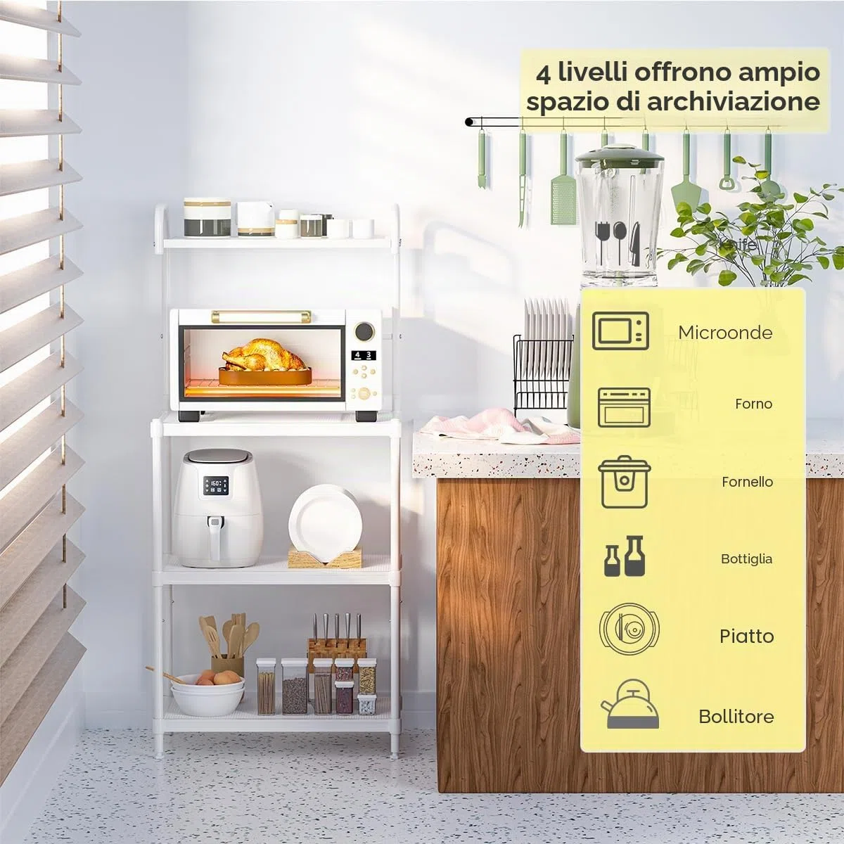 KOMFOTTEU Mensola da Cucina a 4 Livelli in Metallo, con 4 Piedini Antiscivolo, 60 x 34,5 x 136 cm, Supporto per Forno a Microonde, Scaffale Multifunzionale per Cucina e Sala da Pranzo (Bianco)