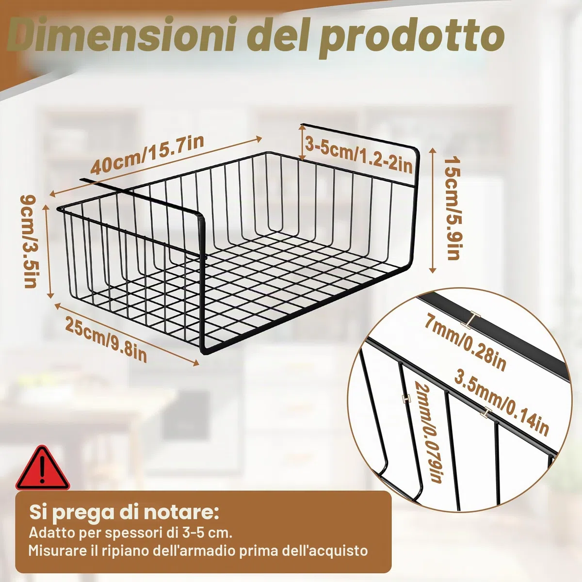 FIVMEN Set di 2 cestini sospesi in metallo per scaffale - Cestino metallico sospeso per organizzazione - Organizzatore per cucina, ufficio, dispensa, bagno - 40x25x15 cm