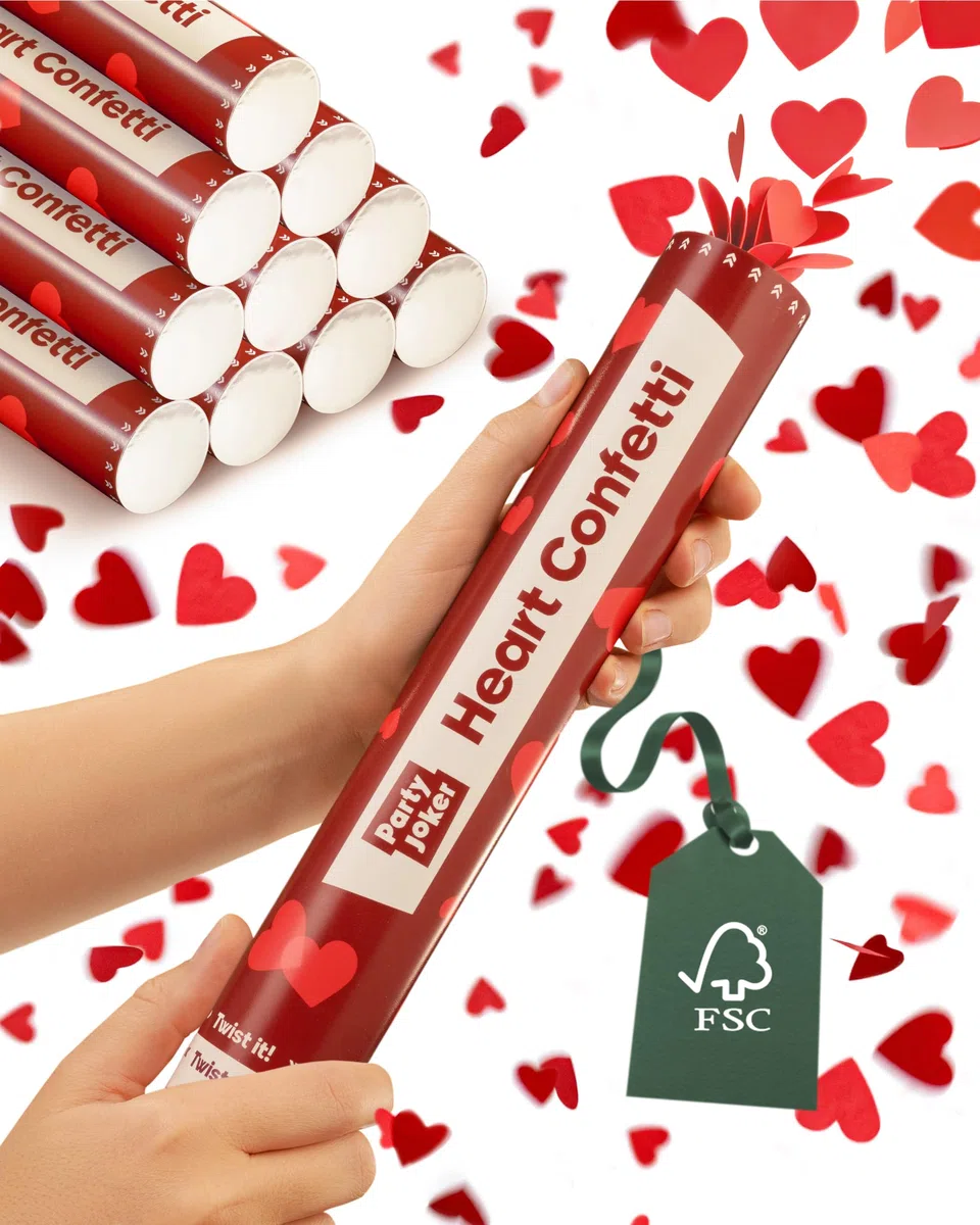 Set di 5 cannoni spara coriandoli cuori rossi XXL, FSC certificato, getto 5-8 metri, ideale per matrimoni, compleanni, feste, eventi speciali, facile e sicuro da usare
