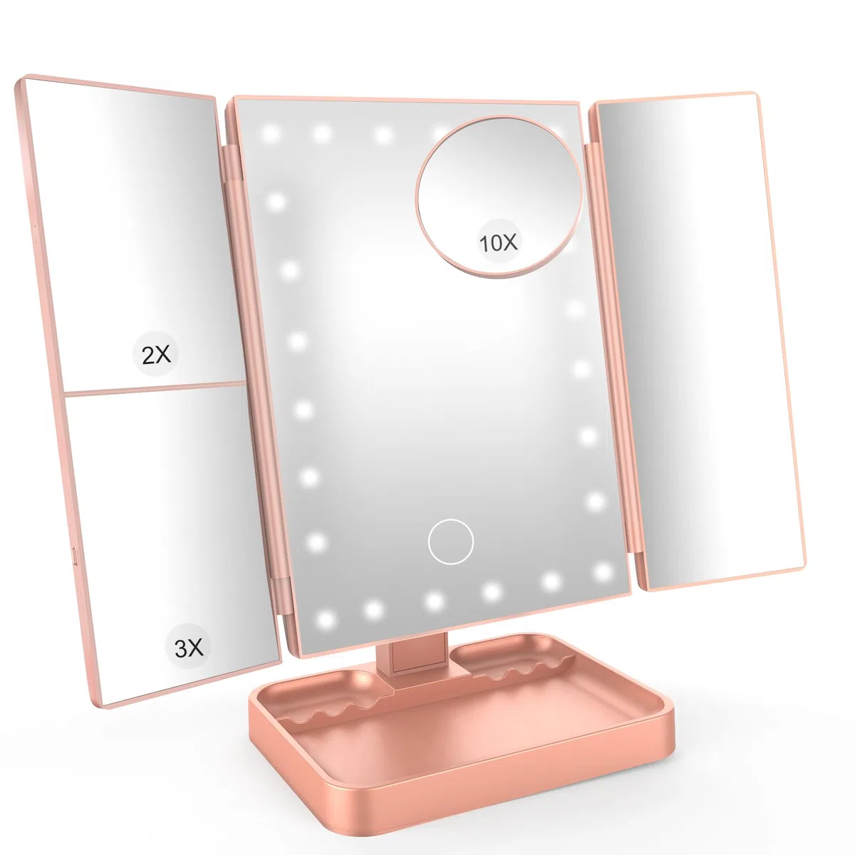 SURFOU Specchio da Tavolo Trucco Tri-Fold con 24 LED Touch, 1X/2X/3X/10X Ingrandimento Regolabile, Luce Regolabile 180°, Alimentazione USB/Batteria, Donne - Oro rosa