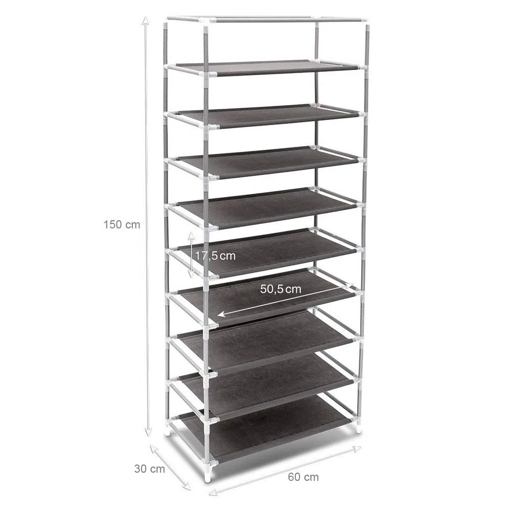 BAKAJI Scarpiera Armadio Salvaspazio 10 Ripiani 60x30x150cm Fino a 36 Paia di Scarpe Struttura Acciaio e Rivestimento in Tessuto TNT Impermeabile con Chiusura Zip Antipolvere (Grigio)