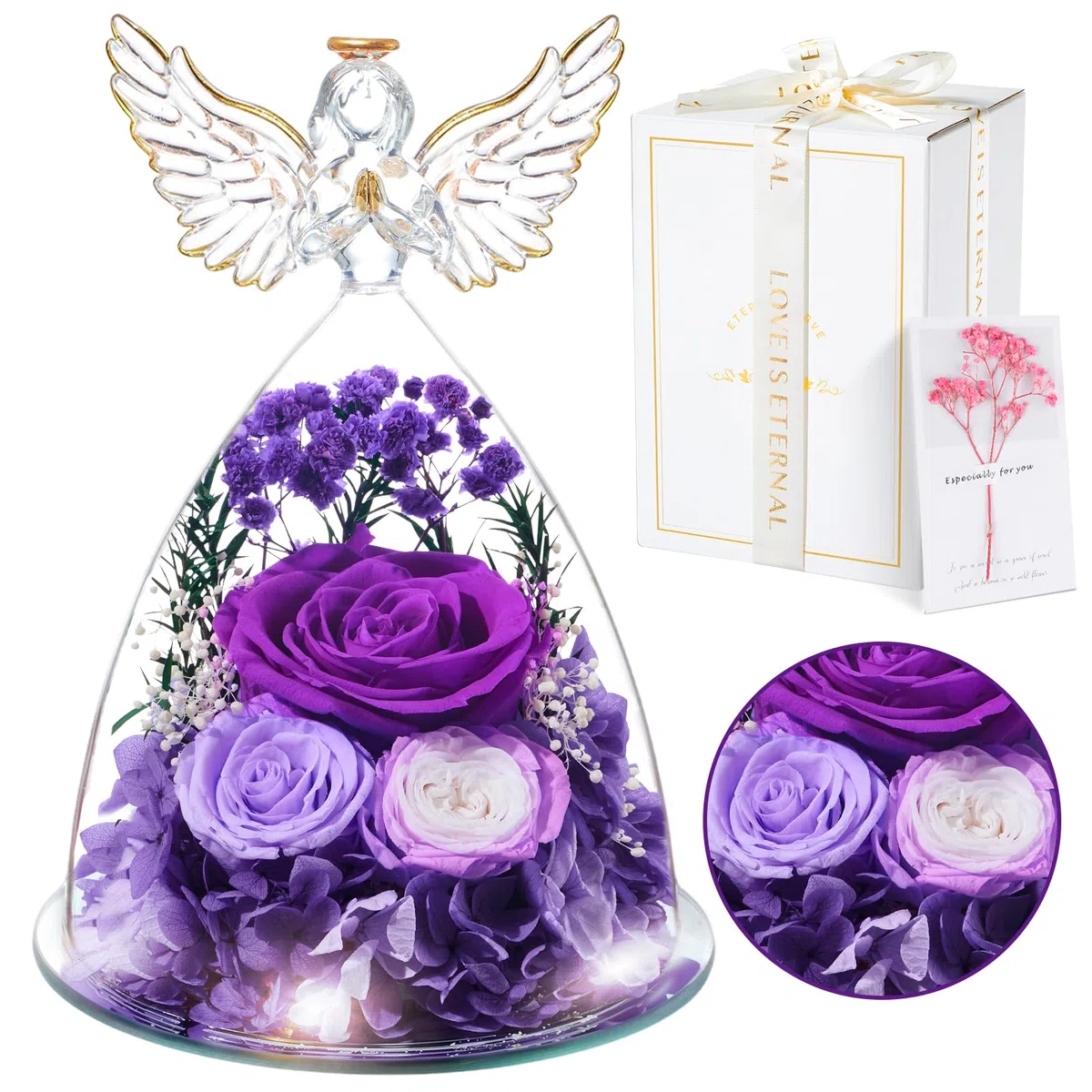 Festa della Mamma Rosa Stabilizzata Vera Regalo, Regalo Rosa Eterna Viola​ con Angelo e Luci LED, Regalo Compleanno Anniversario San Valentino per Fidanzata, Moglie, Mamma, Donna, Madre, Nonna
