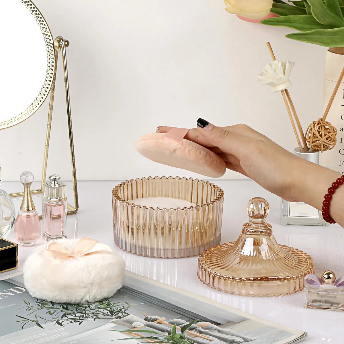 Set di 3 contenitori per polvere in vetro, contenitore per polvere per il corpo, contenitore per polvere per il corpo, talco, polvere cosmetica per il compleanno, regalo (senza polvere) (ambra