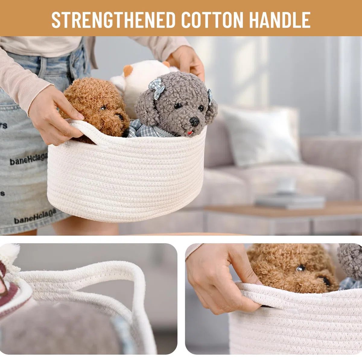 Weiß Cesta Intrecciata in Corda di Cotone con Manico, Cesto Regalo Vuoto, Pratico Cesto Contenitore per Giocattoli per Bambini, Organizzatore Decorativo per Camerette