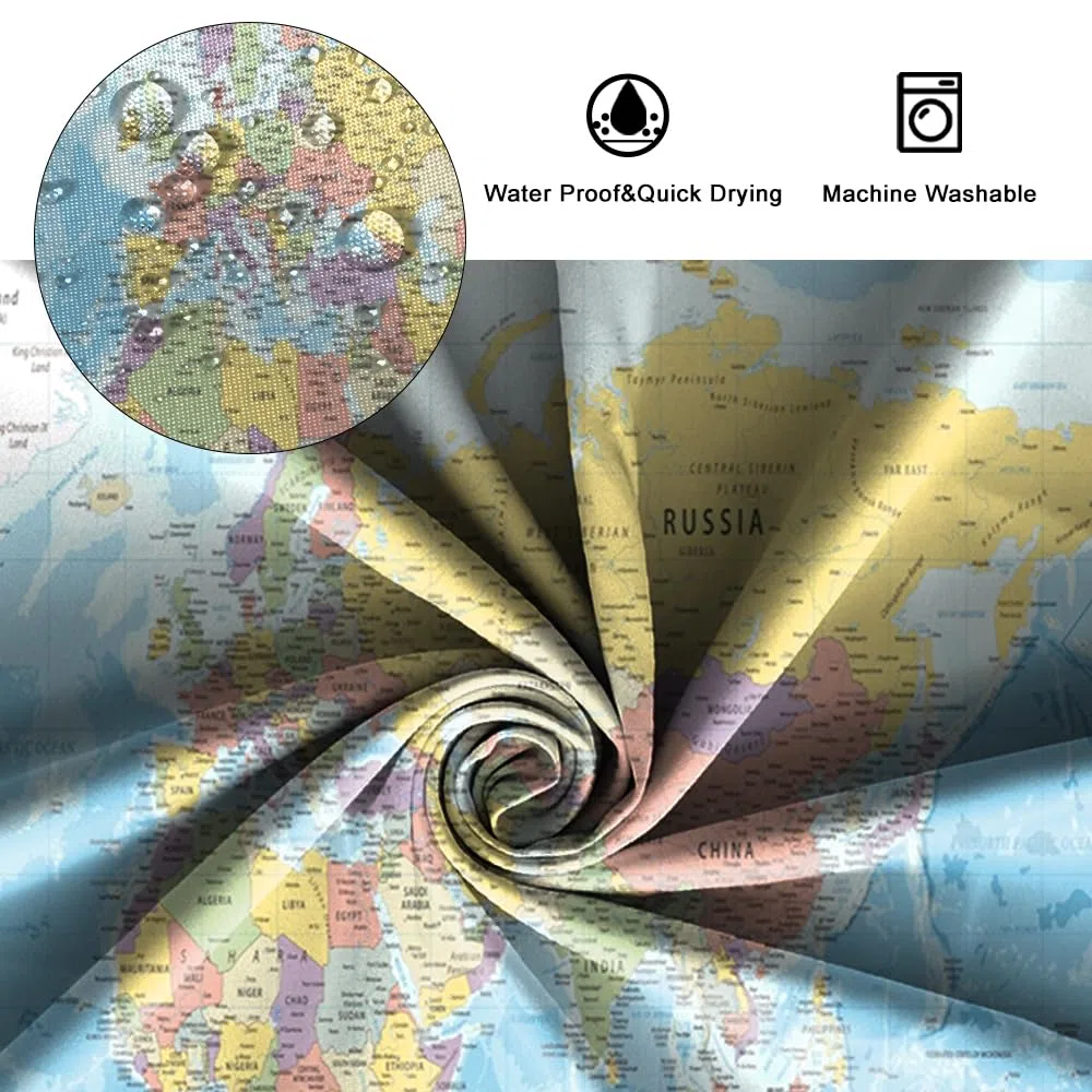 180x198cm Mondo Carta geografica Tenda da doccia Paesi e Città Geografia Educativo Tenda da bagno per bambini Blu Oceano Continenti Tenda da doccia Tessuto Impermeabile per Bagno con ganci