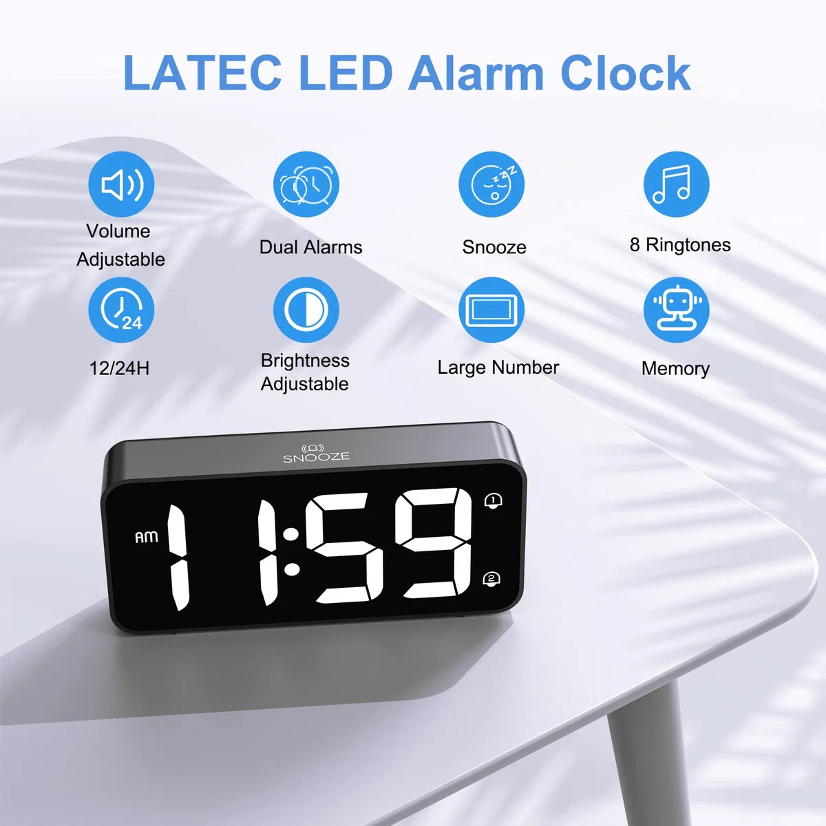 LATEC Sveglia Digitale, Sveglia da Comodino LED con Adattatore, Luminosità e Volume Regolabili, Schermo Grande da 5,8" con 2 Allarme, Snooze, 12/24 Ore per Ufficio Camera da Letto, Nero