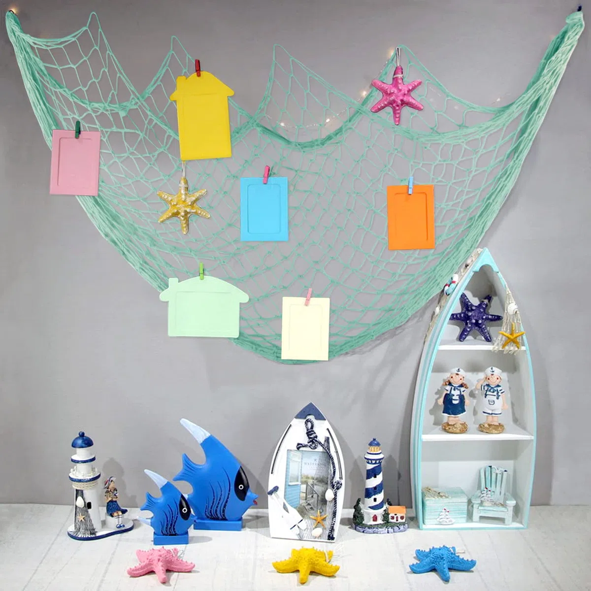 Fangoo 200 CM x 150 CM Rete da pesca con conchiglie Decorazioni a tema da spiaggia per la festa in casa Soggiorno Camera da letto Decorazioni in stile mediterraneo Decorazioni murali (Verde-B)