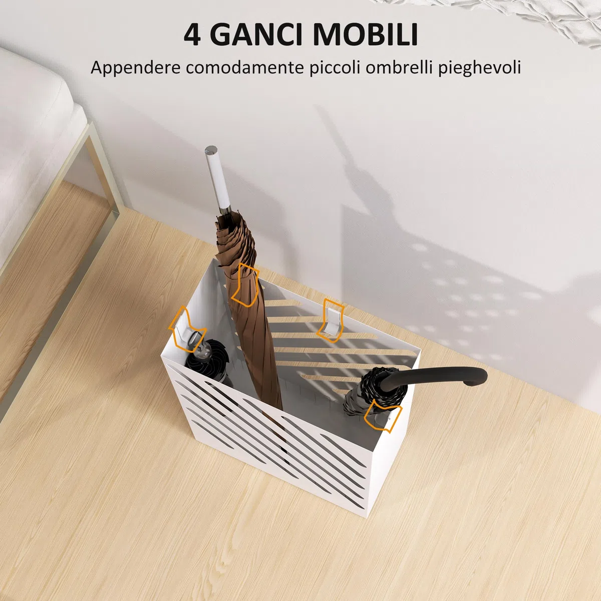 HOMCOM Portaombrelli Design Moderno con Vaschetta Raccogli Gocce, Porta Ombrelli in Acciaio Zincato con 4 Ganci per Ingresso e Corridoio, 28x14x41 cm, Bianco
