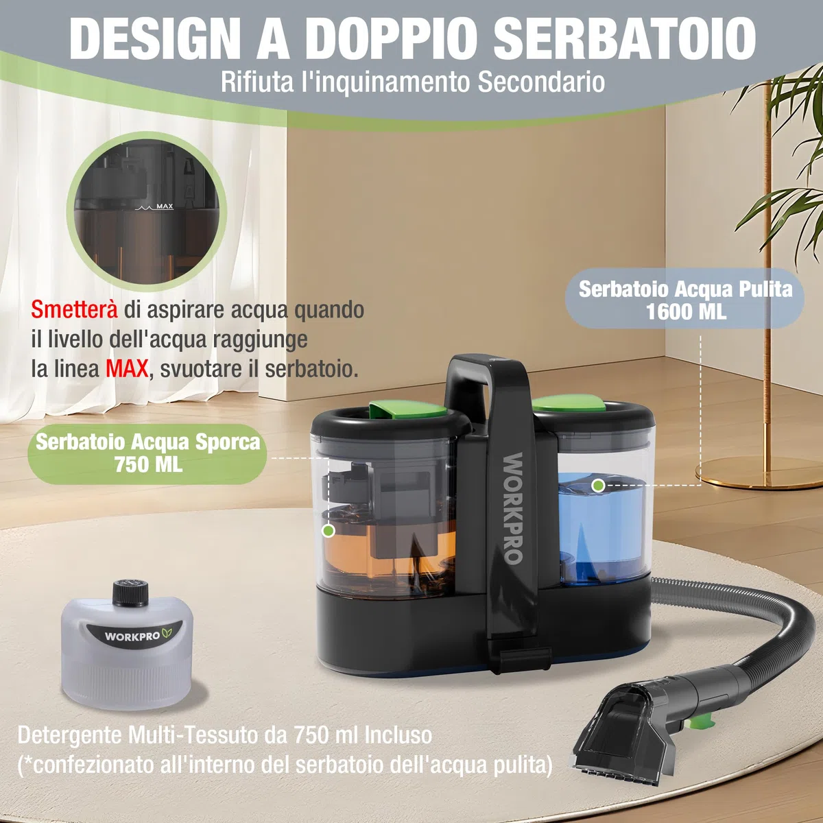 WORKPRO Lavatappeti Portatile 450W, Lava Tappezzeria, Pulitore Tappezzeria, Ideale per Pulisci Scale, Divano, Sedili Auto, Moquette e Tappeti, lava Divani