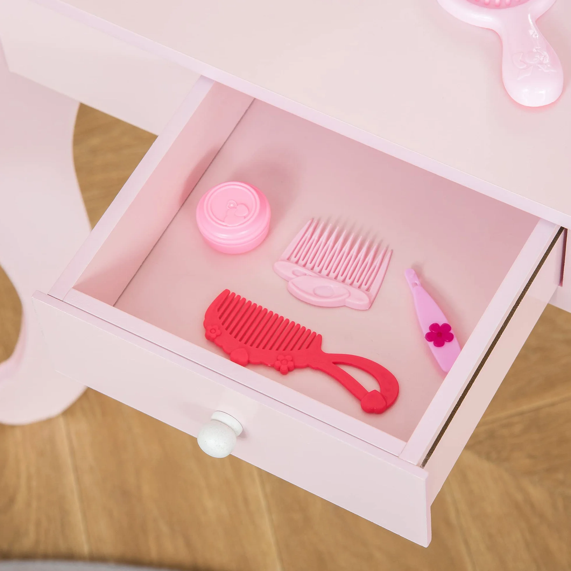 HOMCOM Toeletta Trucco Bambina con Sgabello in Legno, Postazione Trucco Bambina, Tavolo Trucco per Bambini 3-6 Anni con Specchio e Cassetto, Rosa