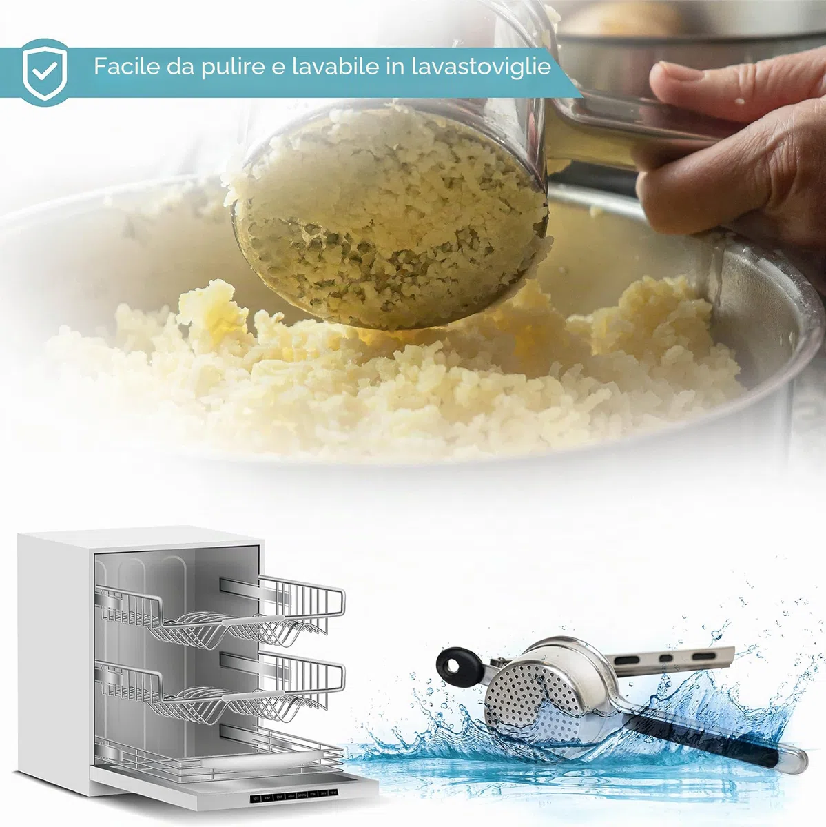 HEFTMAN Schiacciapatate - Schiacciapatate Acciaio Inox con Manici Ergonomici in Silicone, Schiaccia Verdure Manuale, Sciacciapatate per Alimenti per Bambini Frutta Verdura (Lavabile in Lavastoviglie)