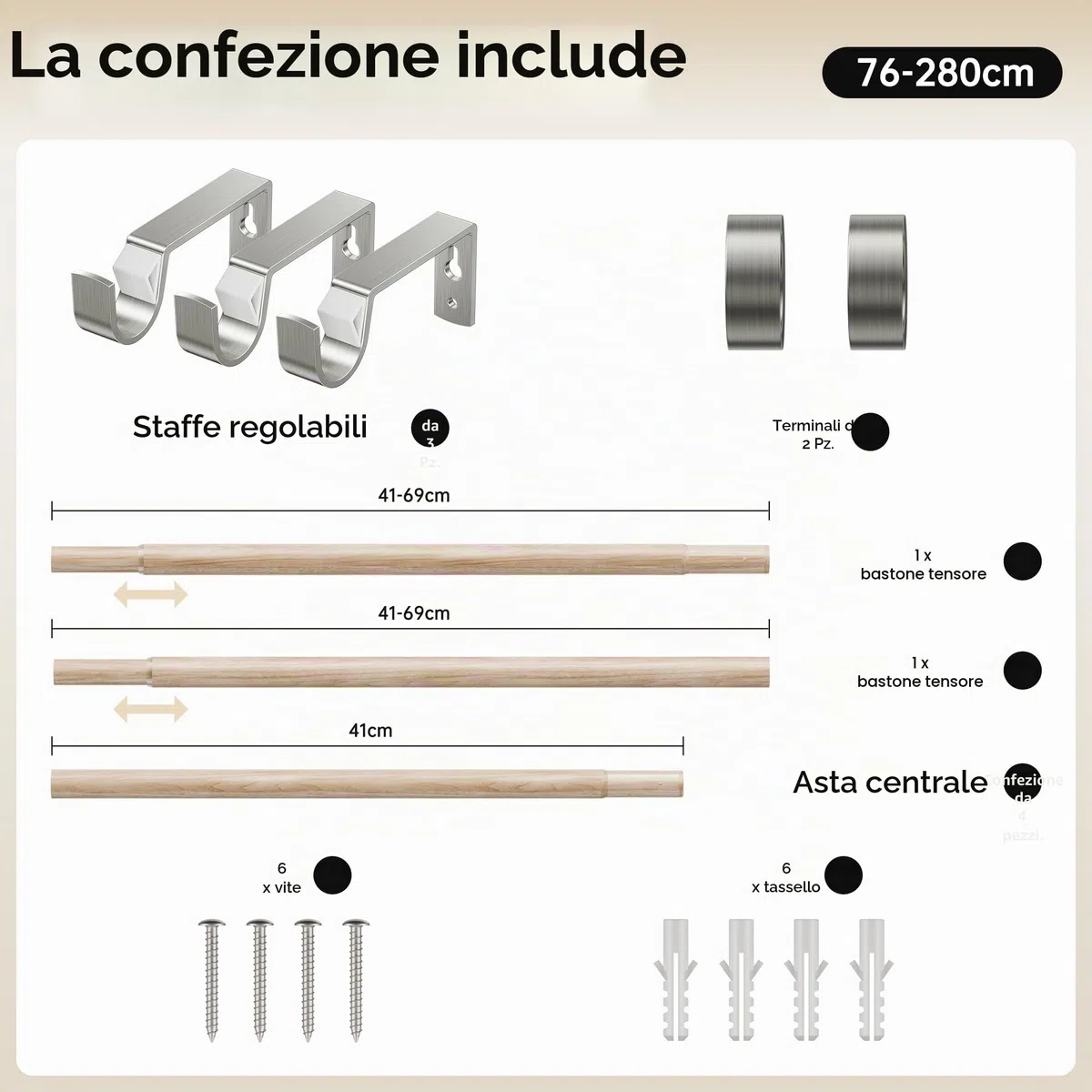 Bastoni per tende estensibili 76-280 cm, nuovo modello aggiornato diametro 19 mm asta per tende effetto legno con terminali finali per tende ad occhielli, bastoni decorativi per finestre per camera da