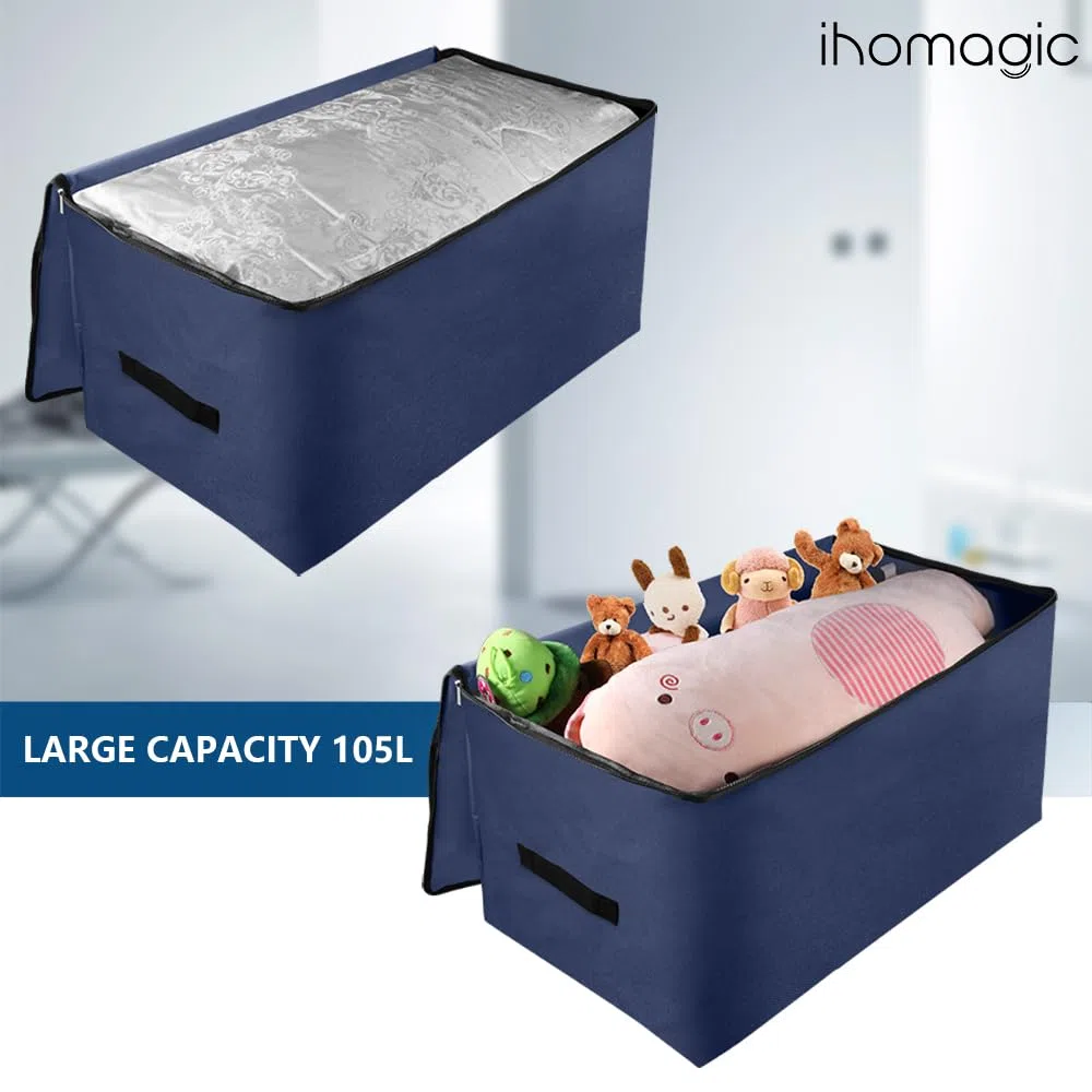2 Pezzi Grande Borsa Portaoggetti, 105L Pieghevole Contenitore Vestiti con Manico e Cerniera, Organizzatore di Contenitore Sottoletto, Scatole Portaoggetti per Giocattoli, Trapunte, Blu Scuro