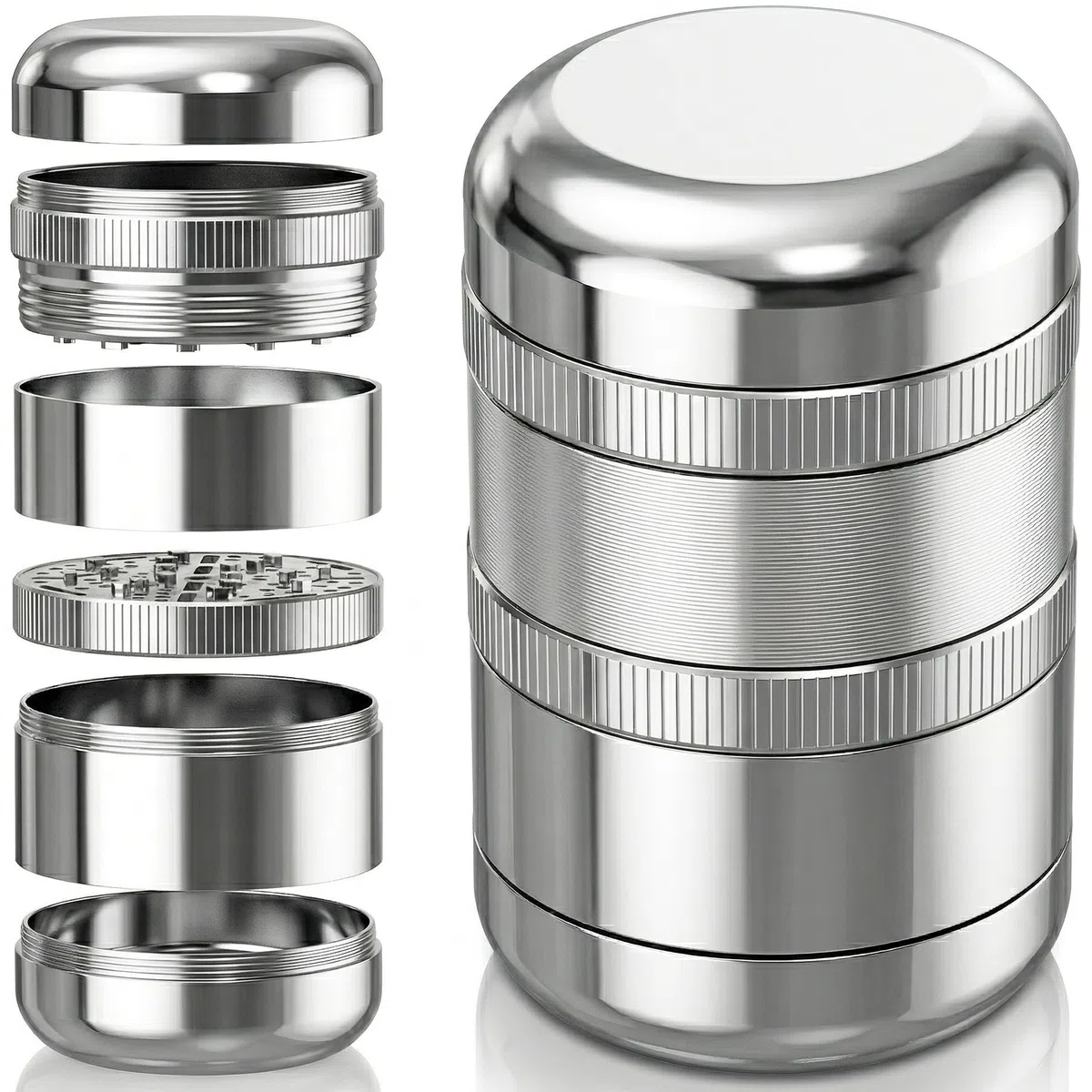 Viberium Grinder Metallo 60 mm- Grinder Belli Tritino, Grinders Kit Original, Accessori per Erbe, Herb Crusher Professionale, Macinino, 4 Pezzi, Argento