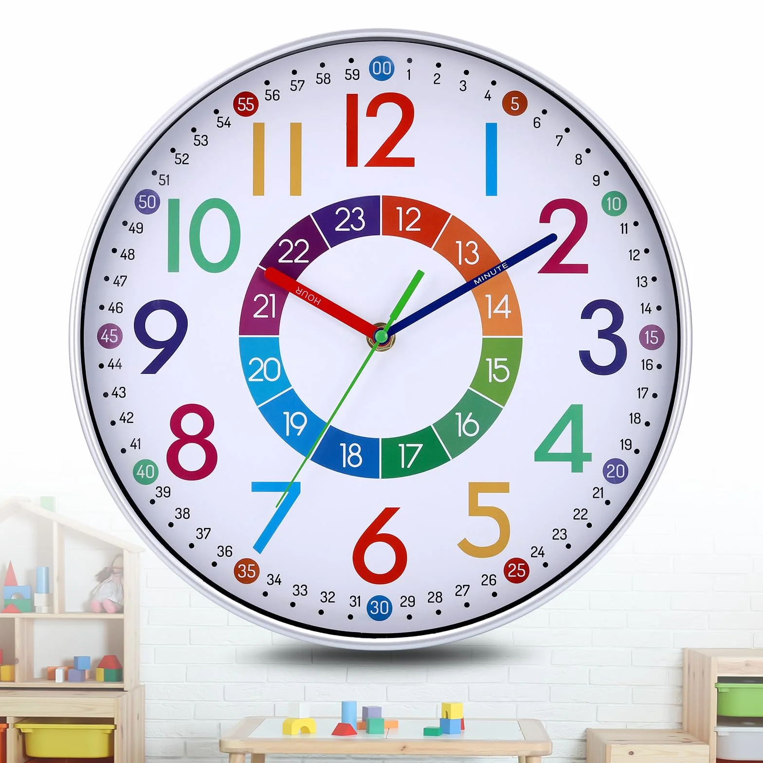 JIZZU Orologio da Parete Bambini Educativo Silenzioso, Orologio da Parete Colorato 30cm, Facile da Leggere, Creativo Moderno Design Senza Ticchettio per Cameretta Bambini Soggiorno Scuola