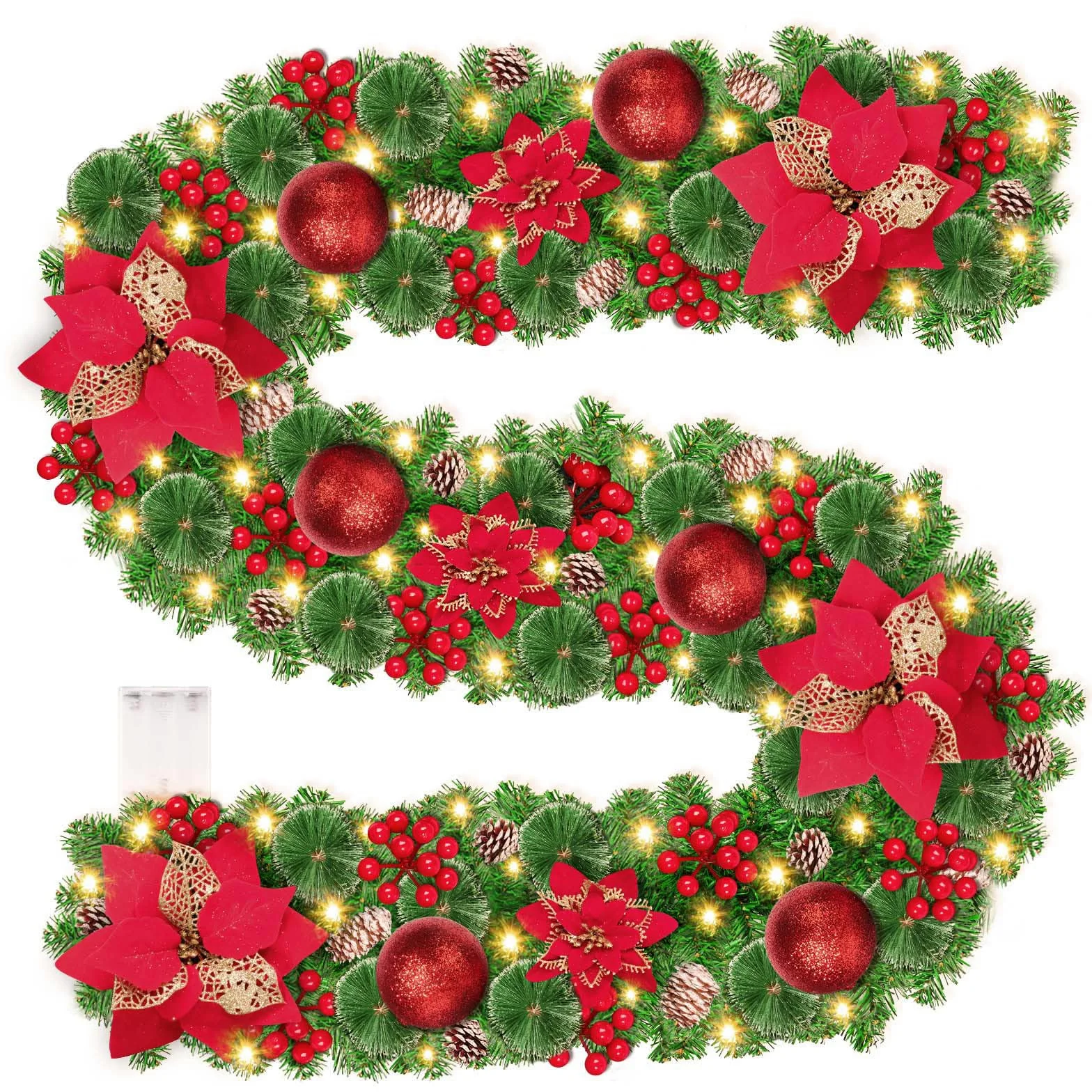 Ghirlanda Natalizia con Luci, 30Led 2.7M Ghirlanda Natalizia per Porta Camino Scale Esterno Decorazioni, Festone Natalizio Rami Natalizi Decorazioni Natalizie per la Casa Interno (Bianco Caldo)