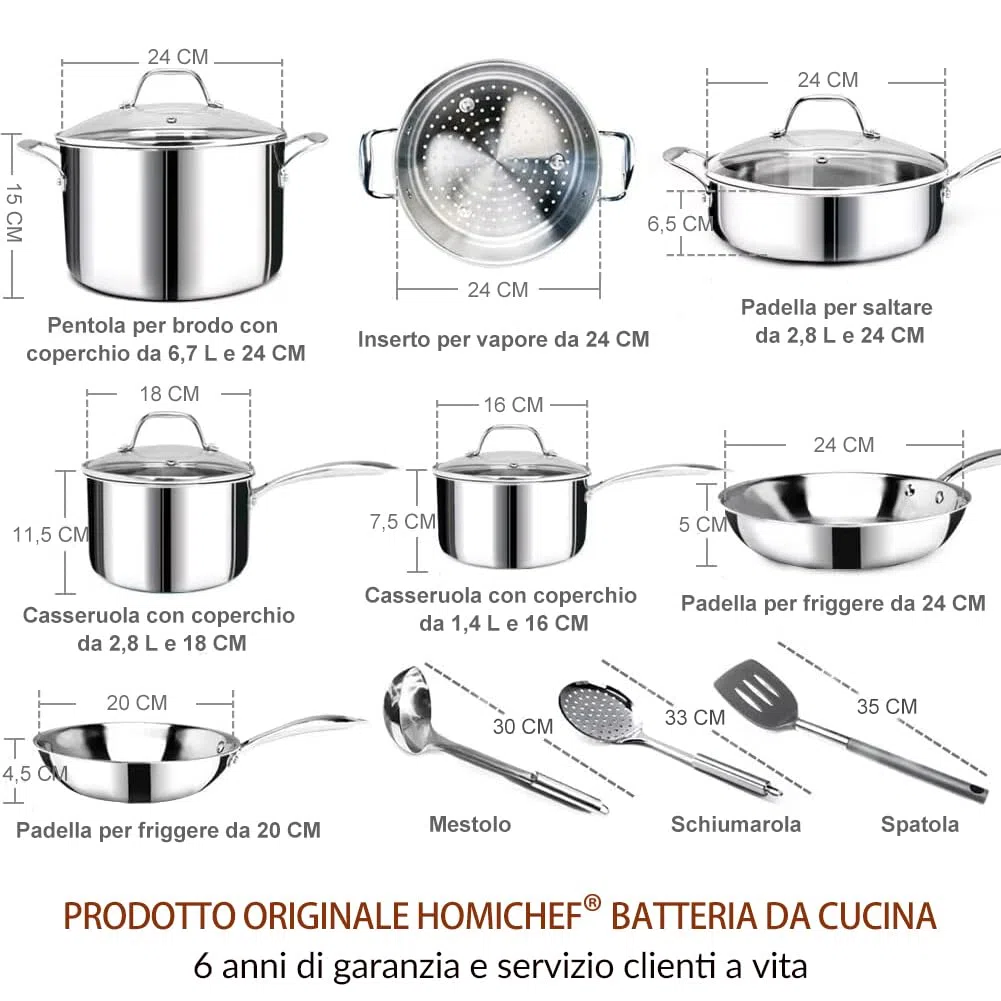 HOMICHEF 14 pezzi set di pentole in acciaio inox senza nichel, rivestito in 3 strati - Set di pentole e padelle lucidate a specchio - Pentole salutari con vaporiera - Pentole a induzione atossiche