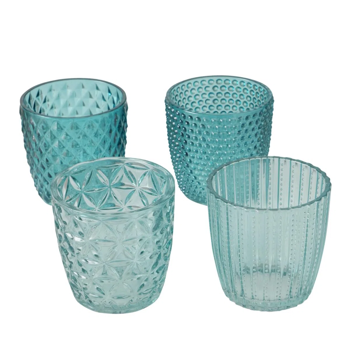 BOLTZE Marilu 2019848 - Set di 4 portacandele (Blu, Bicchieri Decorativi per Candele/lumini, Ø 8 cm, Diversi Motivi, Forma Rotonda, portacandela)