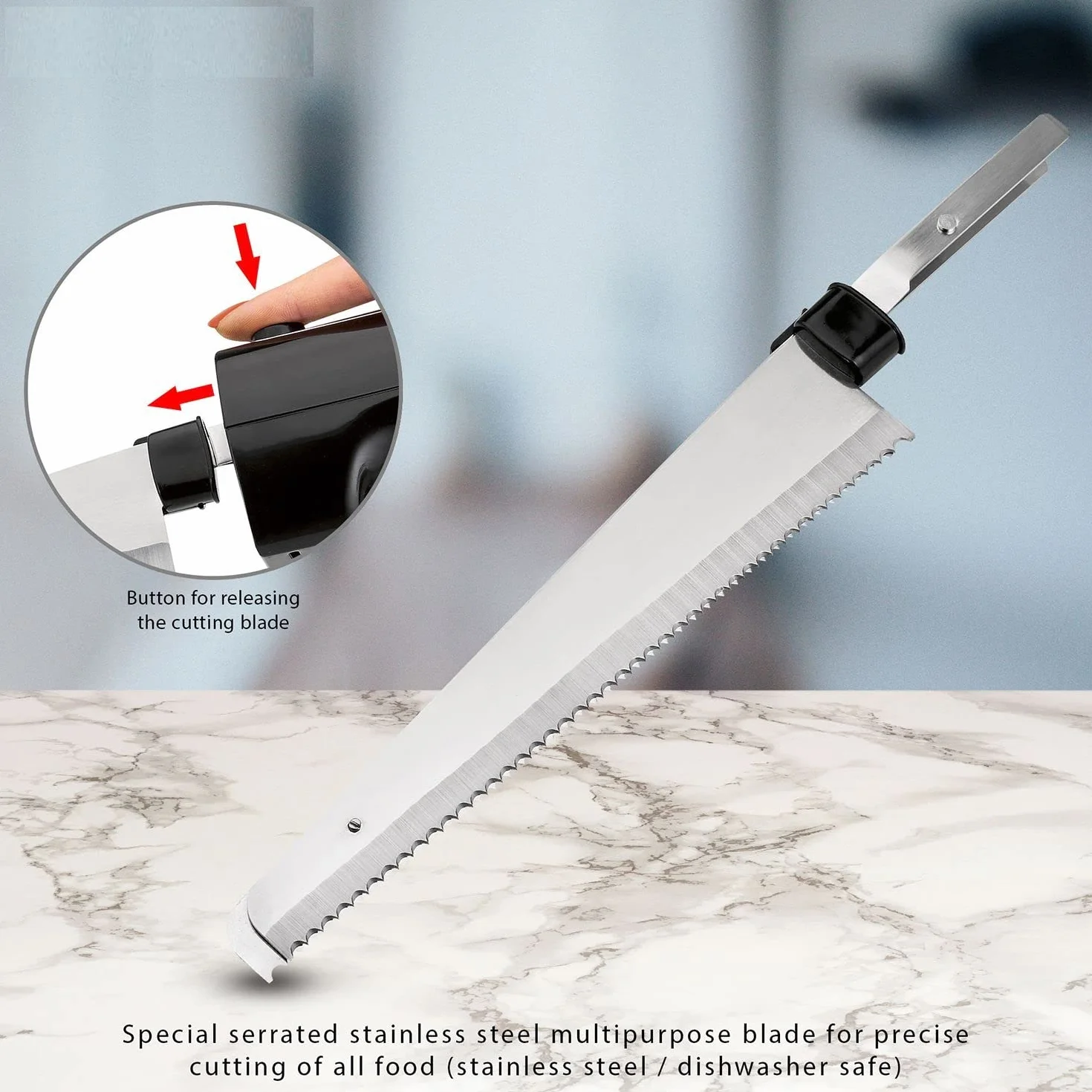Coltello elettrico per pane di carne con doppie lame in acciaio inossidabile, inclusa scatola e panno per la pulizia - potente motore da 120 watt - silenzioso, lavabile in lavastoviglie