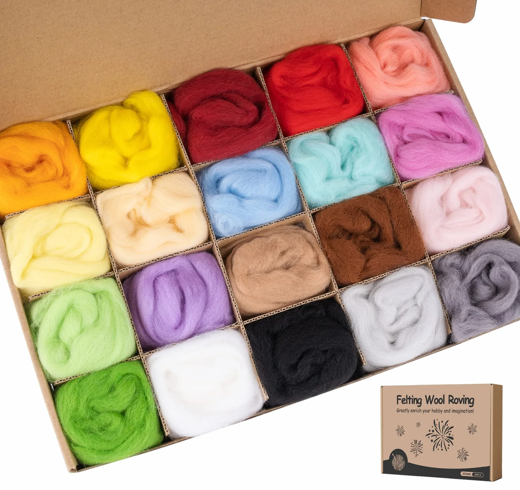 Homewit Lana da feltro, 20 colori da 10 grammi per lavorare a maglia e infeltrire a secco e a umido, lana di pecora naturale per elfi e fate