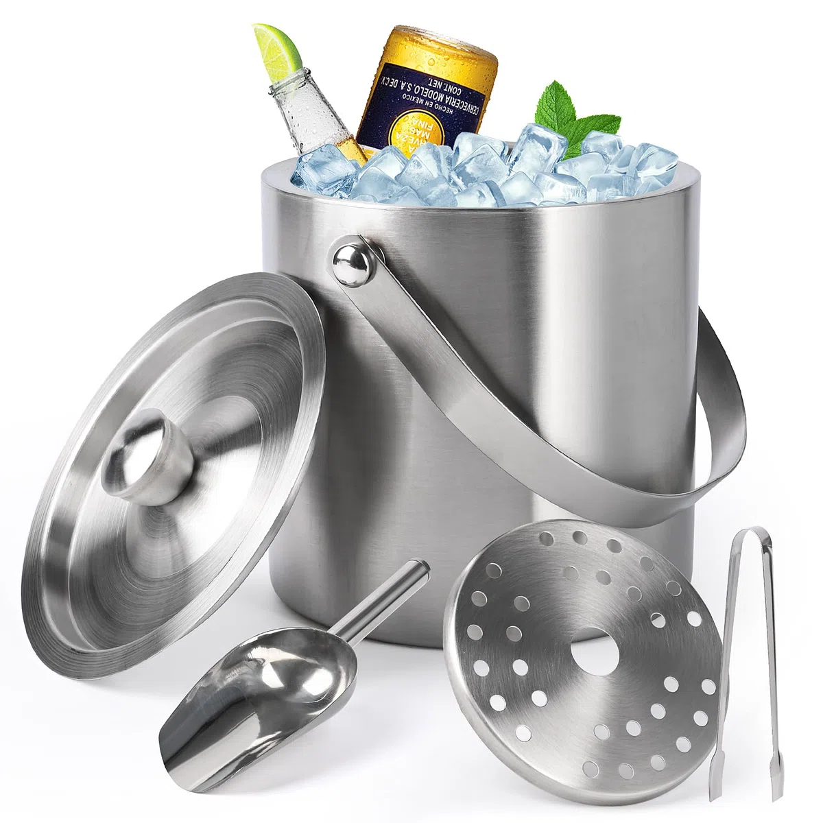 2L Contenitore del Cubetto di Ghiaccio, Secchio per Ghiaccio in Acciaio Inossidabile Isolato a Doppia Parete con Coperchio, Paletta, Pinze e Colino, Ideale per Cocktail Bar, Feste, Champagne