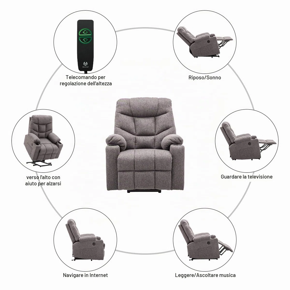MCombo 7286DE - Poltrona relax elettrica con ingressi 2 USB, tessuto grigio scuro