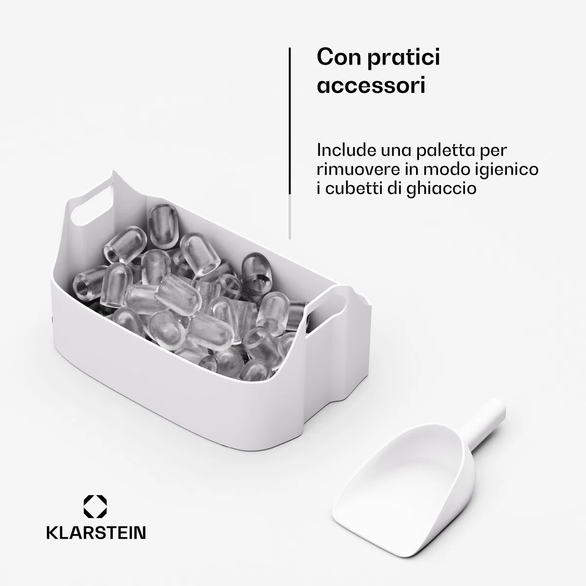 KLARSTEIN SparkIce - Macchina del Ghiaccio, 15 kg/24h, Cubetti in 6 Min, Touchpad, Pulizia Automatica, Cubetti in 2 Dimensioni, Macchina del Ghiaccio da Casa, Ice Maker con Paletta, Nero