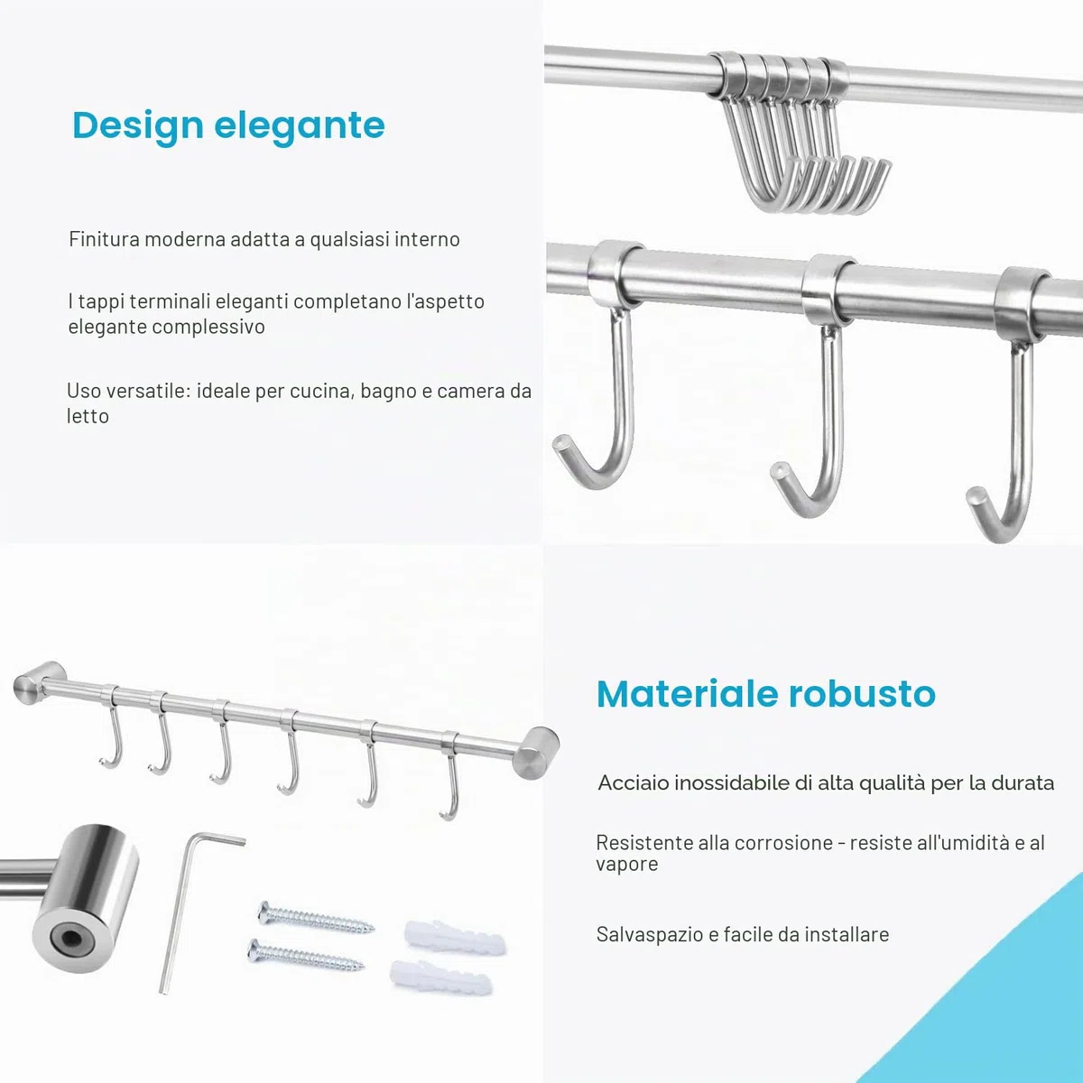Intirilife Appendiabiti per la Cucina in Acciaio Inox con 6 Ganci mobili da forare - 35.8 x 3.4 x 2.2 cm - ringhiera Cucina Gancio Porta Utensili Cucina Asta Porta Bicchieri da Parete