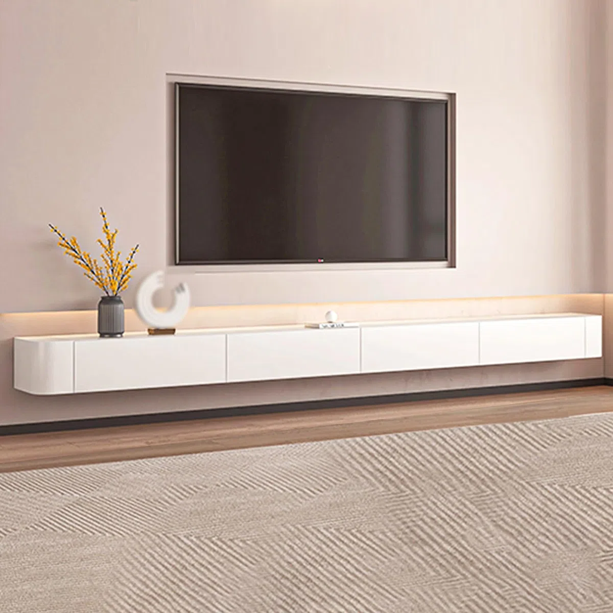 Mobile TV Moderno Sospeso Con Portaoggetti - Console Multimediale Montata A Parete Per Soggiorno E Camera Da Letto - Mobile TV Elegante Con Ripiani Aperti E Scomparti Nascosti(bianca,260cm)