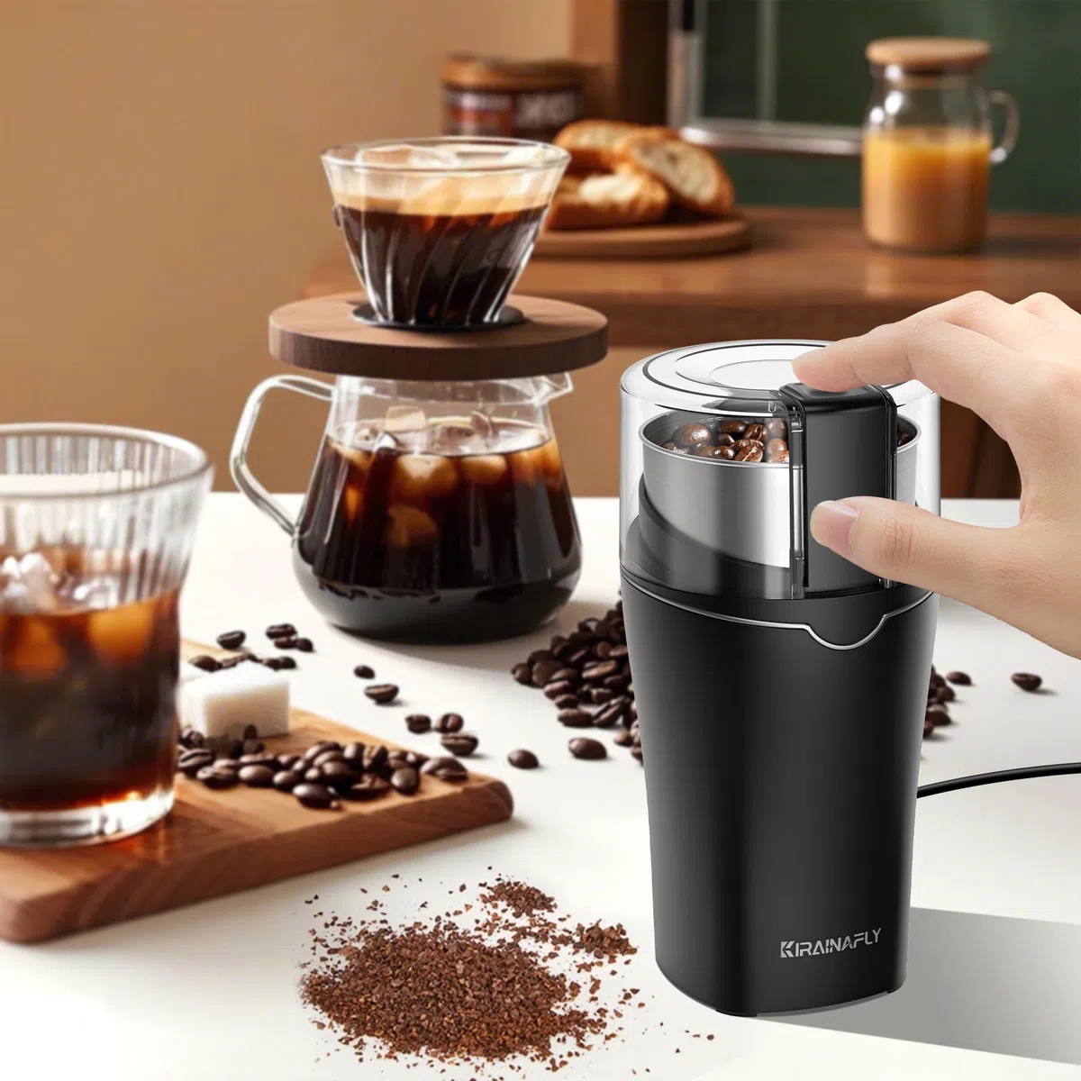 Macina caffe' elettrico, Macina semi lino e chia per cucina 300W, camera rimovibile in acciaio inox, fino a 12 tazze, facile per fagioli di caffè, spezie, erbe aromatiche, semi di lino (argento)