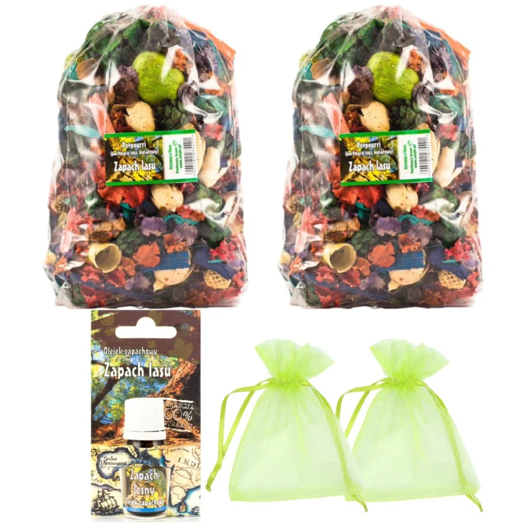 Set di Potpourri Profumato alla Foresta Verde - 2 Sacchi Grandi, 1 Olio Profumato alla Foresta, 2 Sacchetti di Organza | Decorazione per la Casa Autunnale e Natalizia | Fiori Secchi per Vaso Soggiorno