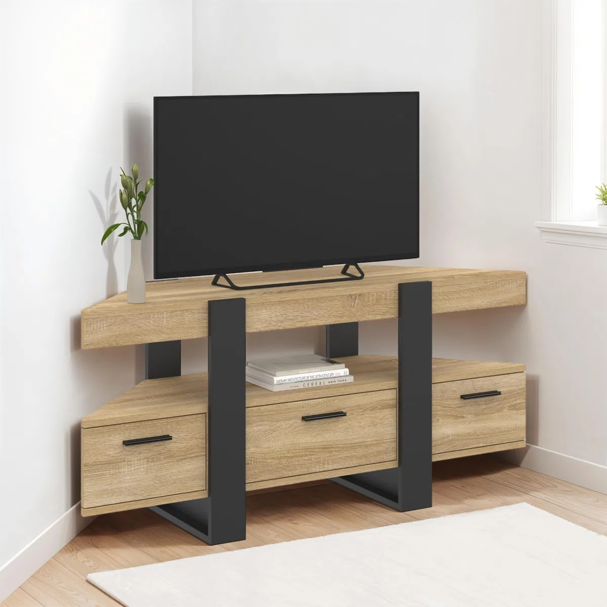 IDMarket - Mueble TV rinconero PHOENIX con cajón de madera y negro 116 cm