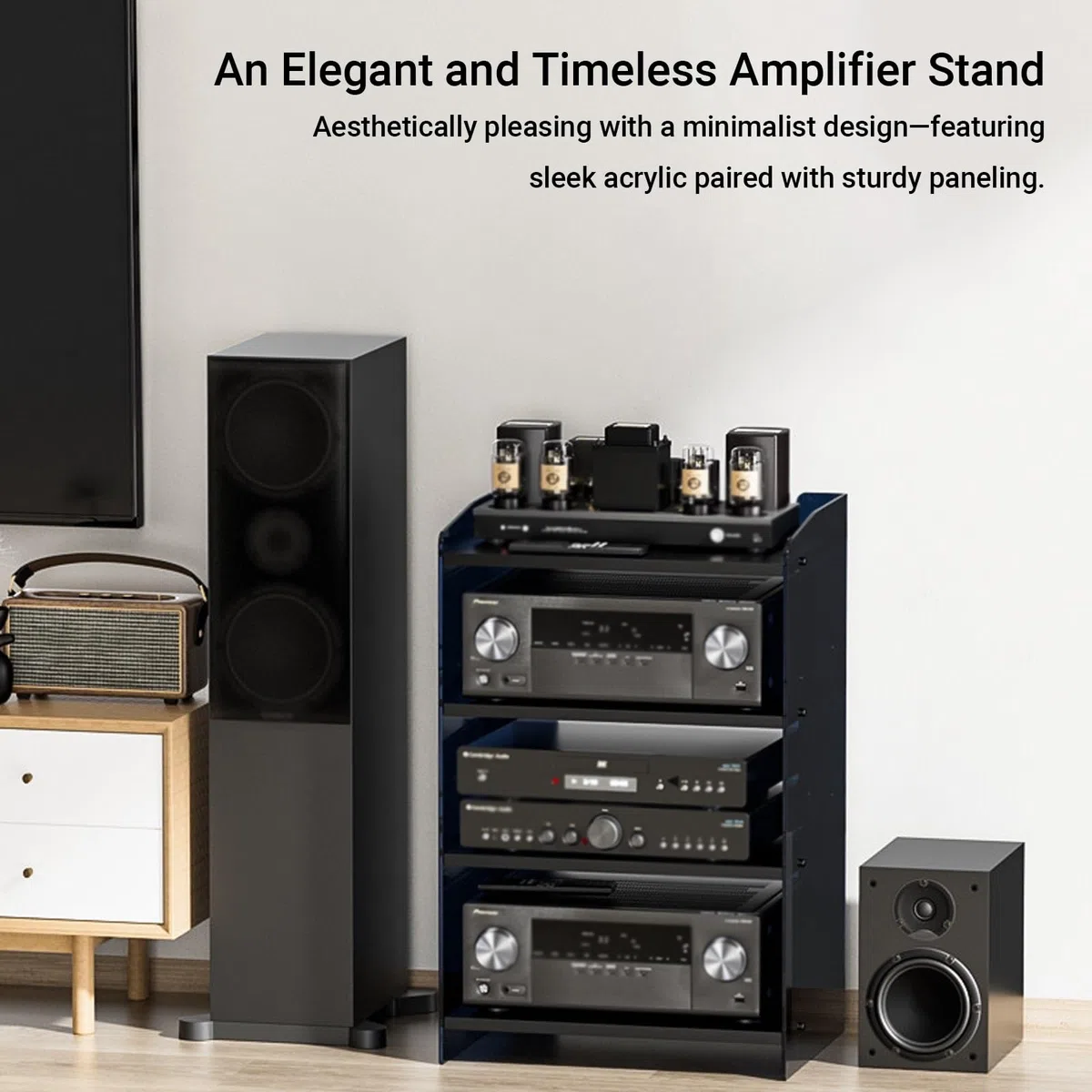 Supporto audio moderno per impianto hi-fi e dispositivi AV, mobile di archiviazione AV con ripiani regolabili, adatto per soggiorno e studio di registrazione(C,3 layer)
