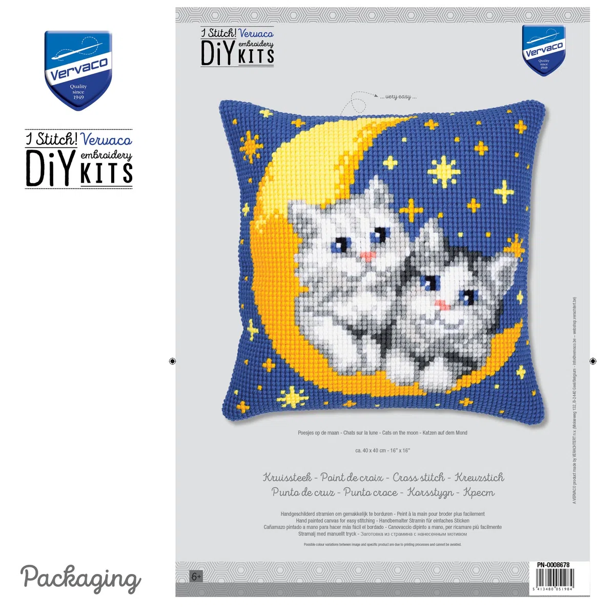 VERVACO Kit Cuscino Punto Croce Gatti sulla Luna Set Ricamo Principianti Cuscini Gobelin Decorativi ca. 40 x 40 cm Accessori per Lavoretti Creativi DIY Casa Decor Hobby Adulti Cross Stitch