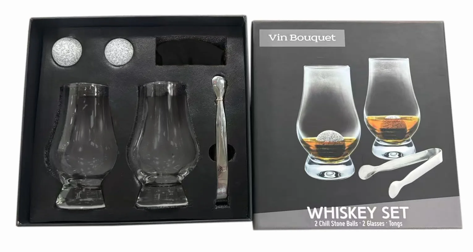 VB VIN BOUQUET FI 1553 SET Set Whisky Classique avec 2 Verres 300 ml, Pierres de Granit Refroidissantes et Pinces en Acier Inoxydable, Coffret Cadeau