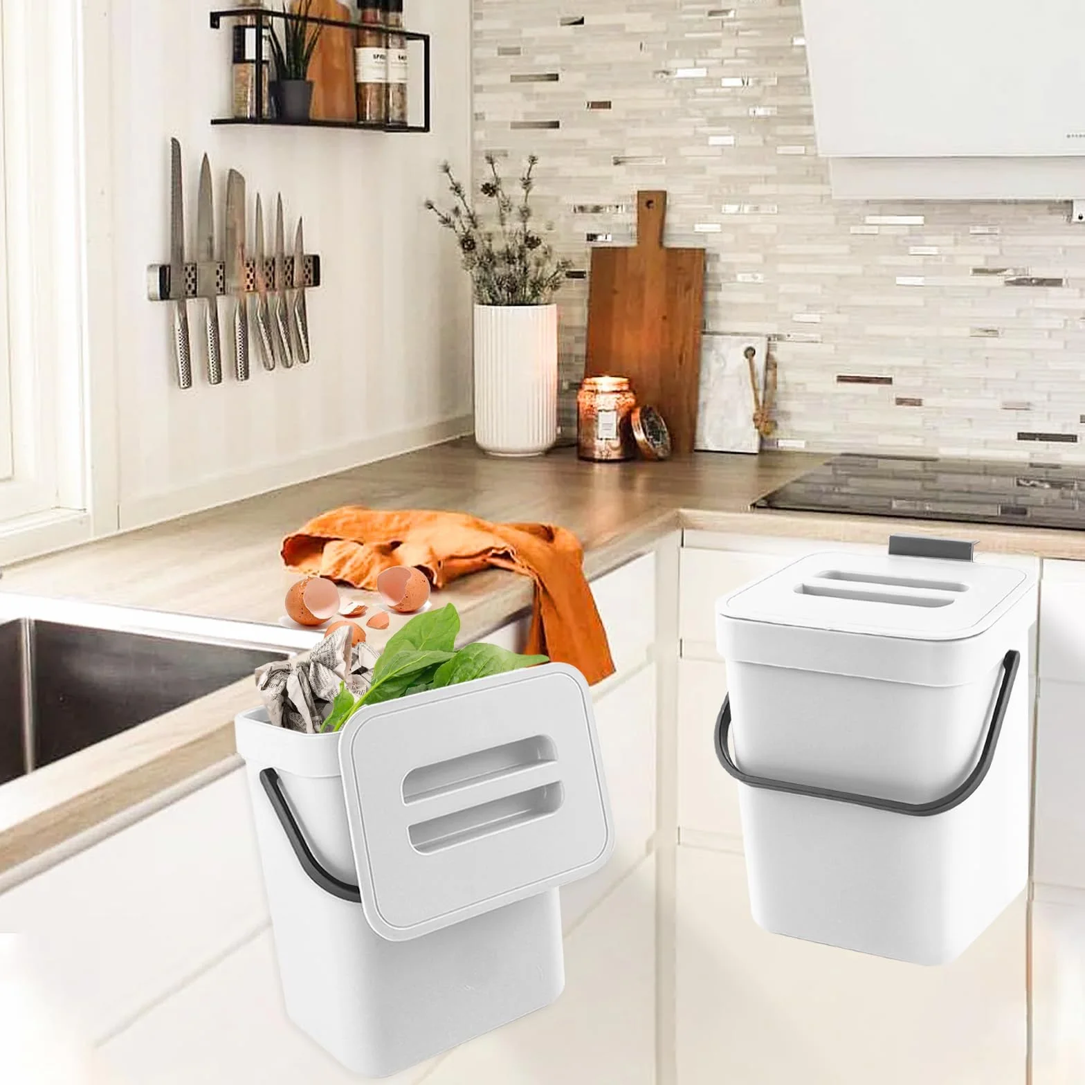 Secchio da Compost da Cucina Piccolo, Bidone della Spazzatura da Appendere, Biometro, Pattumiera per Piano di Lavoro, Contenitore con Coperchio, Compostiera, per Interni, 3 L, Bianco