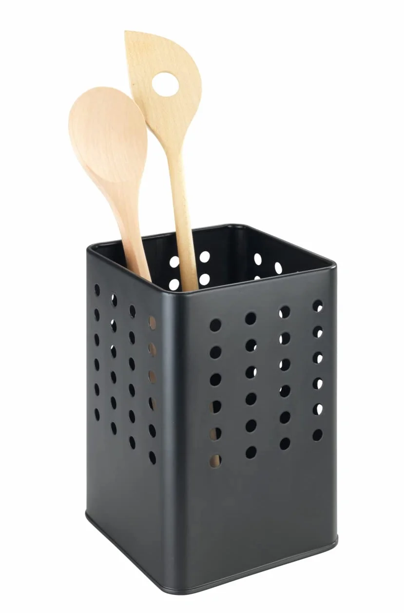 WENKO Portautensili Silio, supporto pratico per utensili da cucina realizzato in metallo verniciato a polvere, forma squadrata con fori, (L x A x P): 11,5 x 16,5 x 11,5 cm, nero opaco