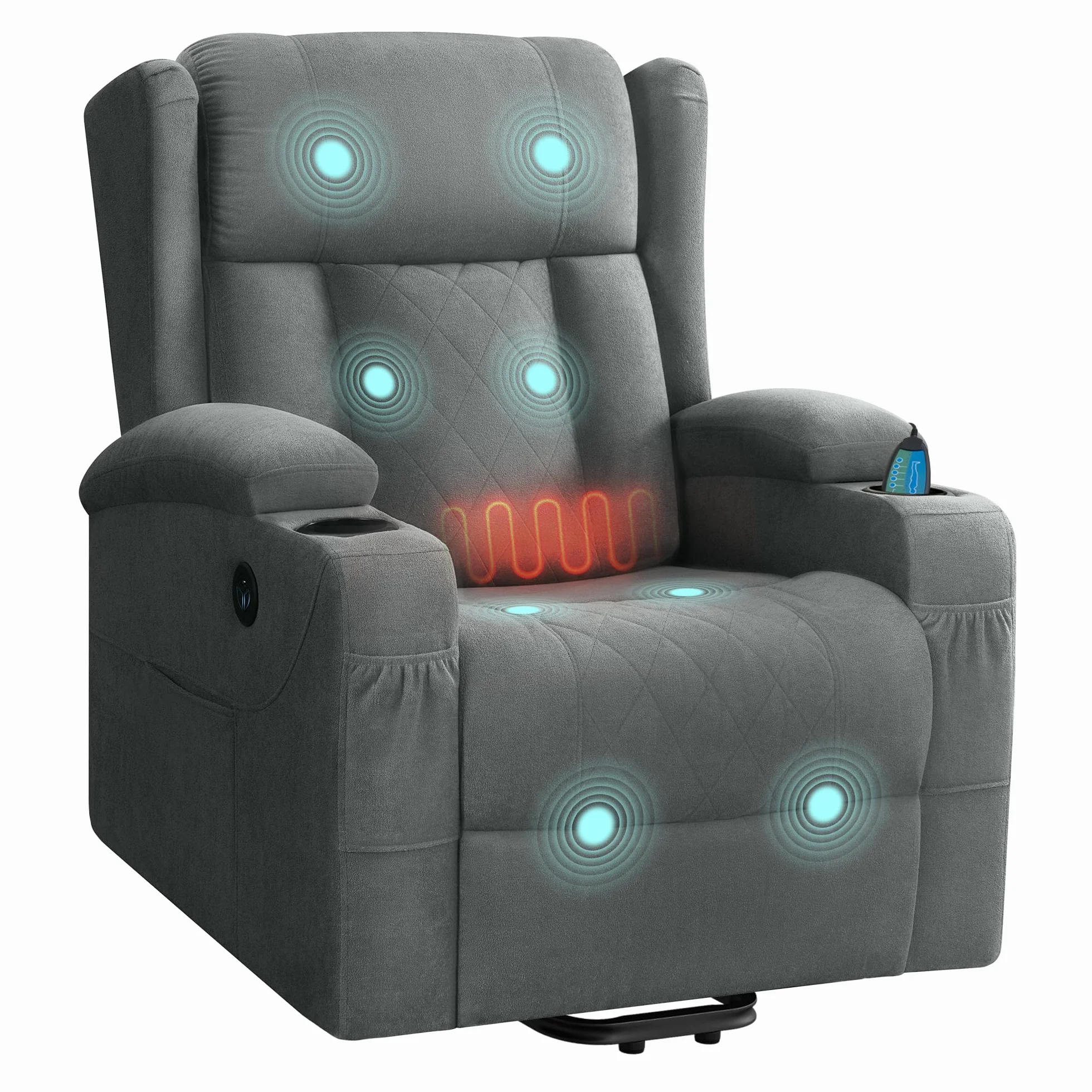 WOLTU Poltrona Elettrica Reclinabile, Sedia Massaggiante con Alzapersone, Riscaldamento, Poggiapiedi, Tasche Laterali, Porta USB, Portabicchieri, per Soggiorno, Tessuto Spugna, Grigio, SKS61gr
