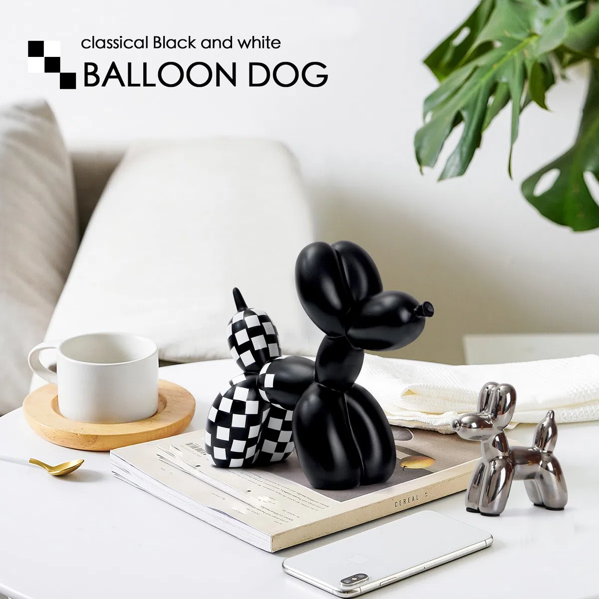 Notakia Statua a scacchi bianca e nera a scacchi con palloncino a forma di cane, decorazione per soggiorno e scrivania, fatta a mano, moderna, piccola mensola, ornamento per la casa