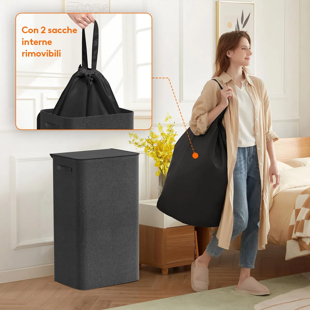 Lifewit Cesta Portabiancheria Salvaspazio con Coperchio 100L, Cesto Portabiancheria con Borsa Rimovibile, Portabiancheria Sporca Pieghevole per Camera da Letto, Bagno, Lavanderia, Nero