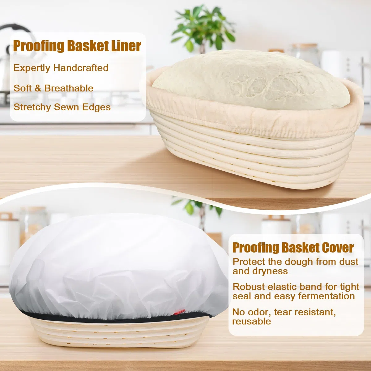 Cestino Lievitazione Pane Ovale 28 cm per 700g di Impasto, Set Cestino Pane in Rattan Naturale con Panno di Lino, Coperchi per Lievitazione, Taglierino, Spazzole - Kit Panificazione Avvio