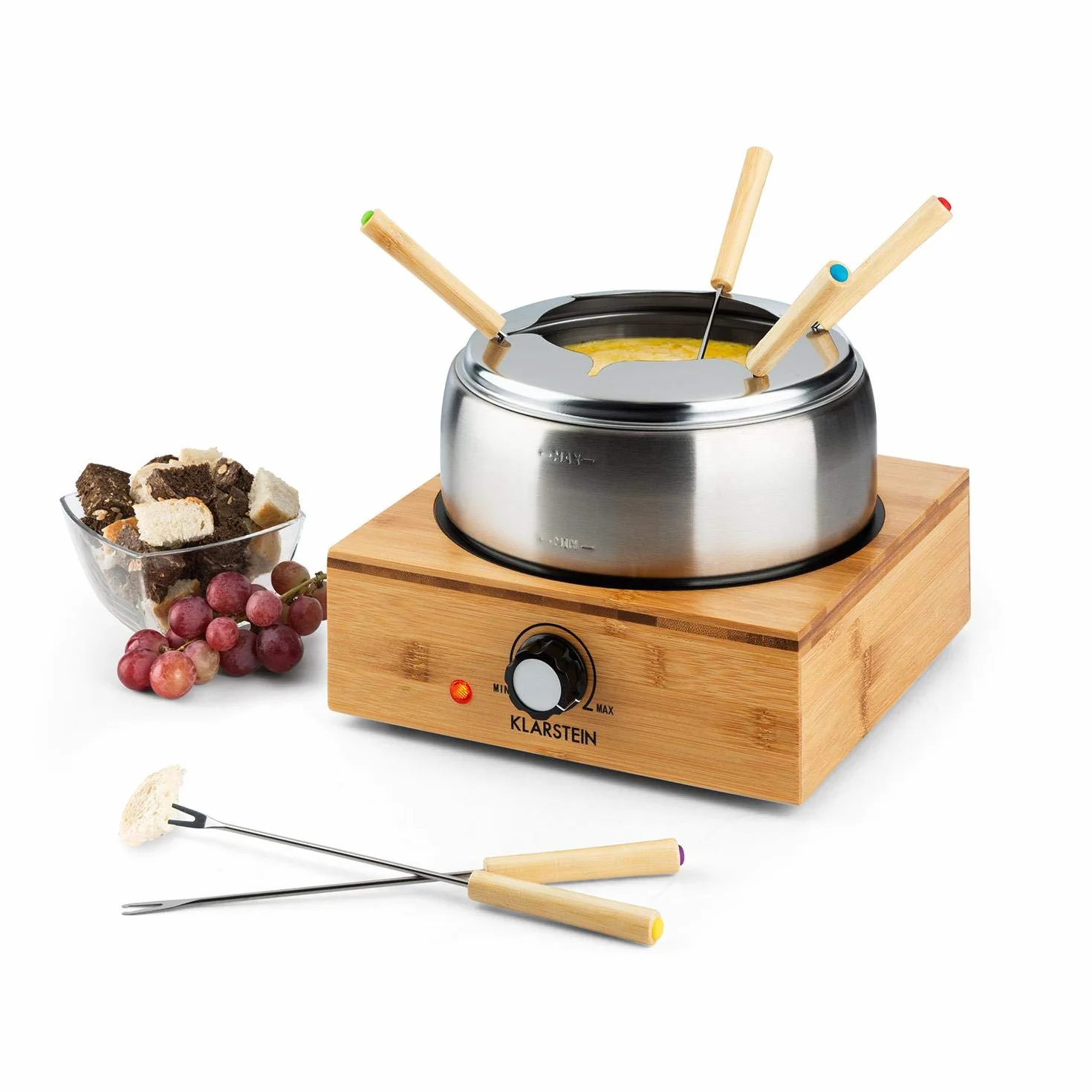 KLARSTEIN Bambus - Fonduta, 800 Watt, Pentola in Acciaio Inox, Base in Bambù, Capacità 1,3 L max., Piastra in Acciaio Inox, Termostato, Porta Forchette, 6 Forchette in Acciaio Inox, Bambù