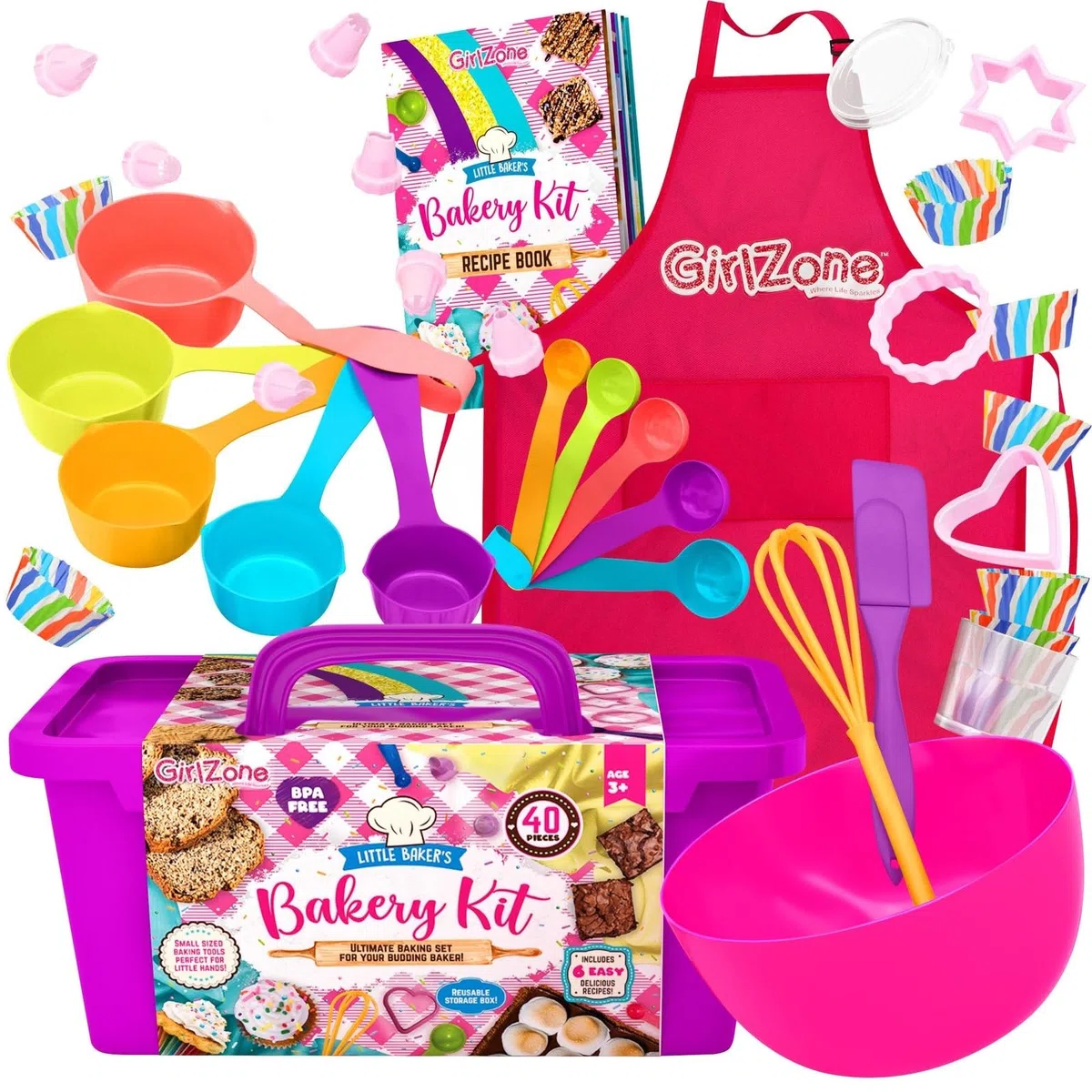 GirlZone Regalo Ragazza Little Baker's Bakery Set, Kit Completo Per Bambini, 40 Pezzi Con Utensili Da Forno, Grembiule e Ricette Per Preparare Squisiti Dolcetti, Accessori Cucina