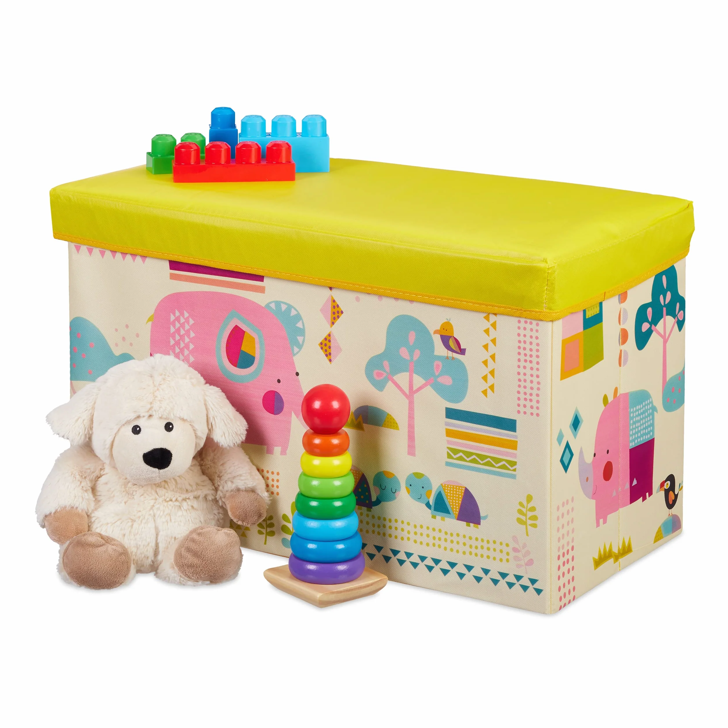 Relaxdays Pouf per Bambini, Contenitore per Giocattoli, Pieghevole, per Bimbi e Bimbe, Salvaspazio, Animali, Colorato, 50 litri
