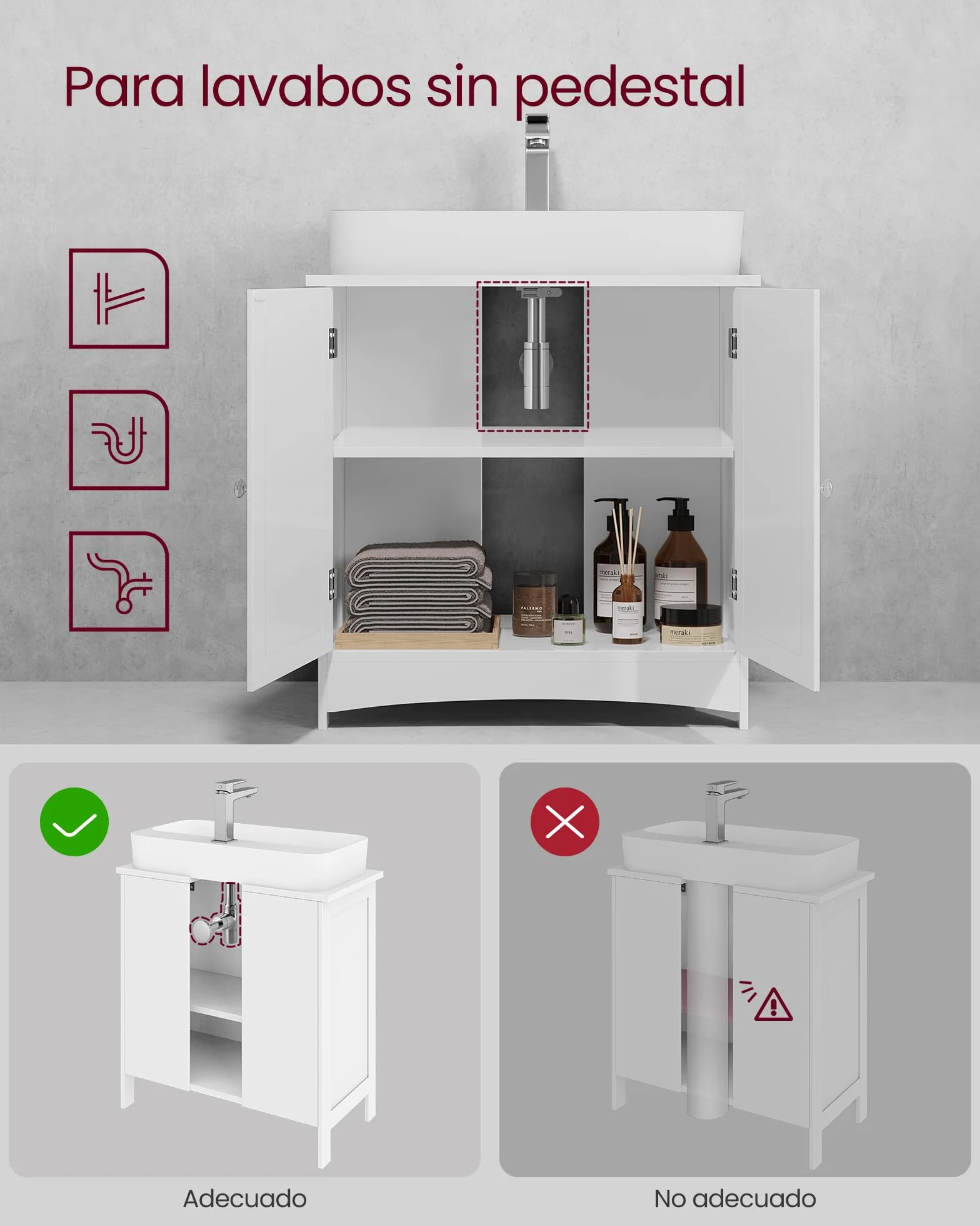 VASAGLE Mobiletto Sottolavandino Armadietto Sottolavabo Scaffale per Il Bagno con 2 Ante 2 Scompartimenti Ripiani Regolabili a Prova di umidità 60 x 30 x 60 cm Bianco BBC01WT